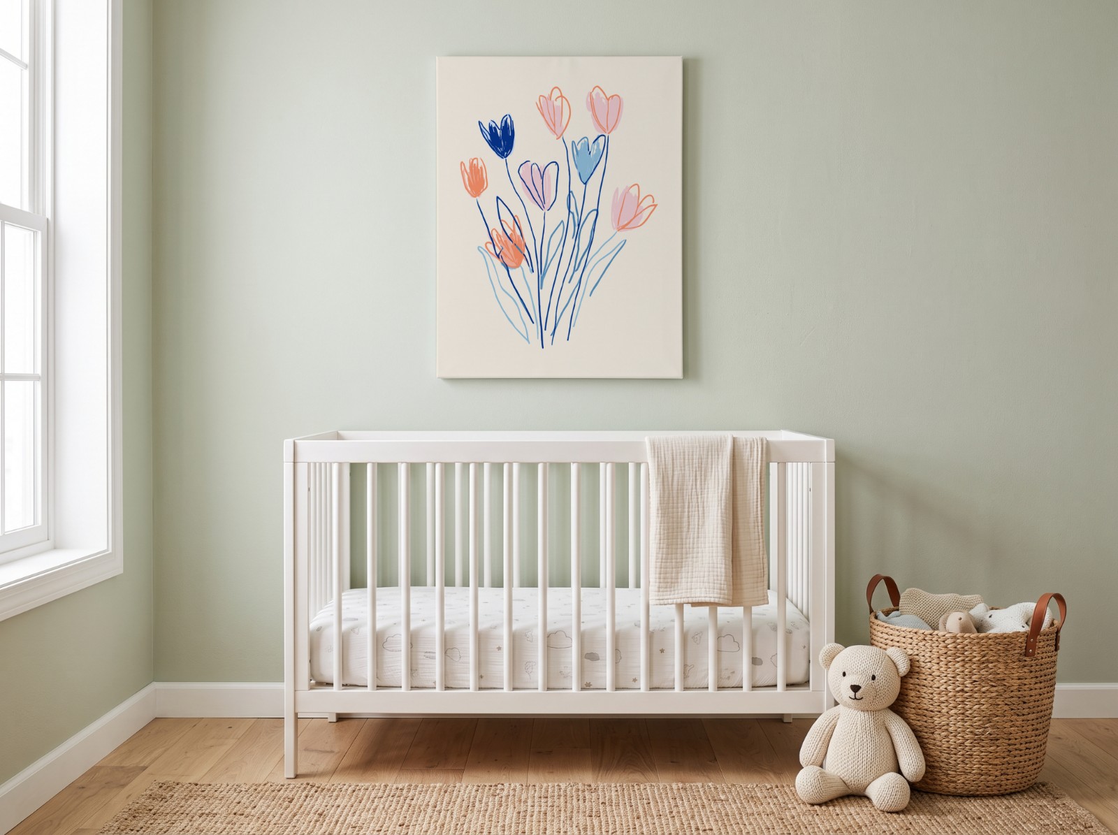 Portrait Canvas Mockup Above a Crib in a Sage Nursery example