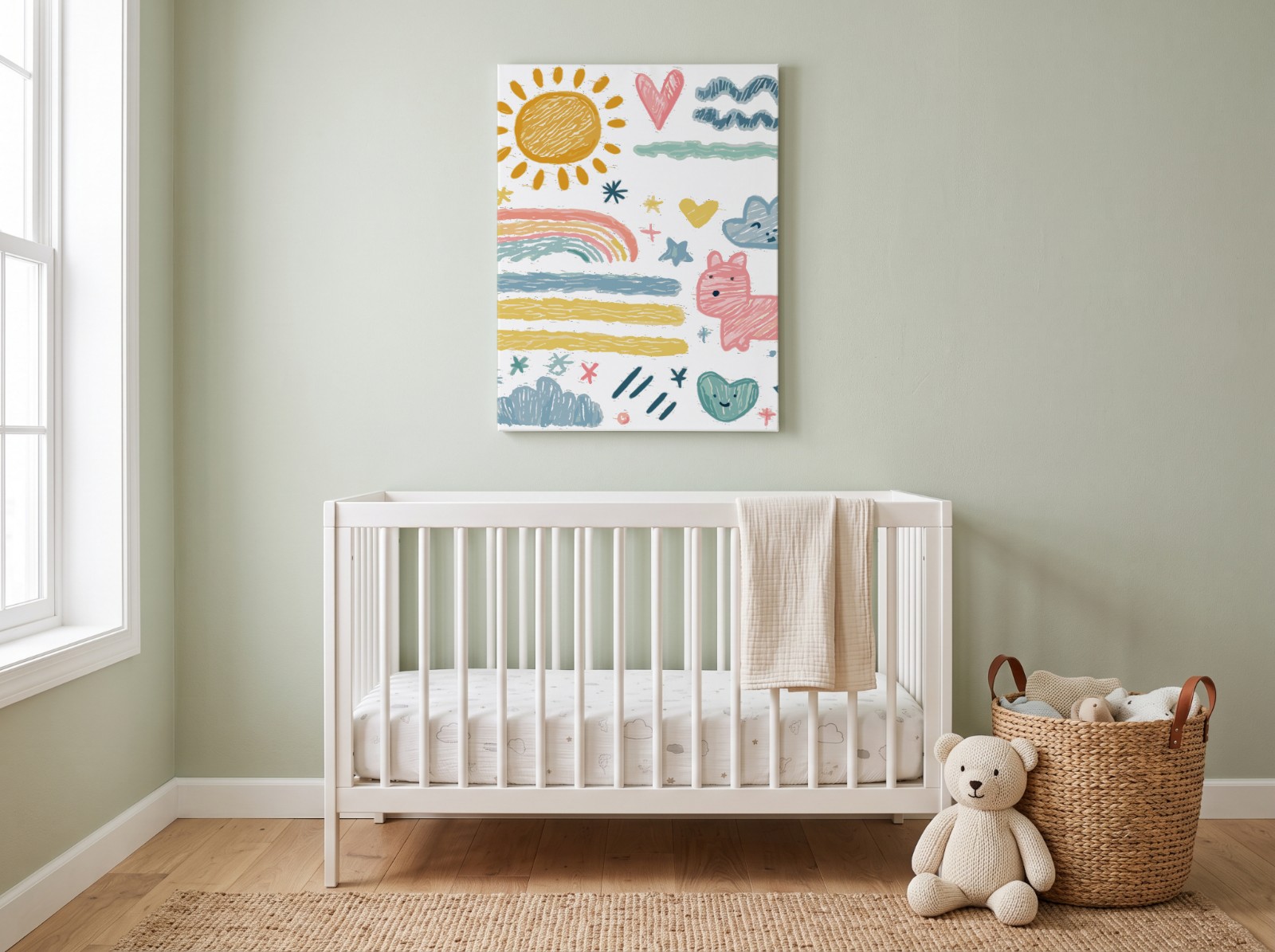 Portrait Canvas Above a Crib in a Sage Nursery showing the crayon doodles artwork
