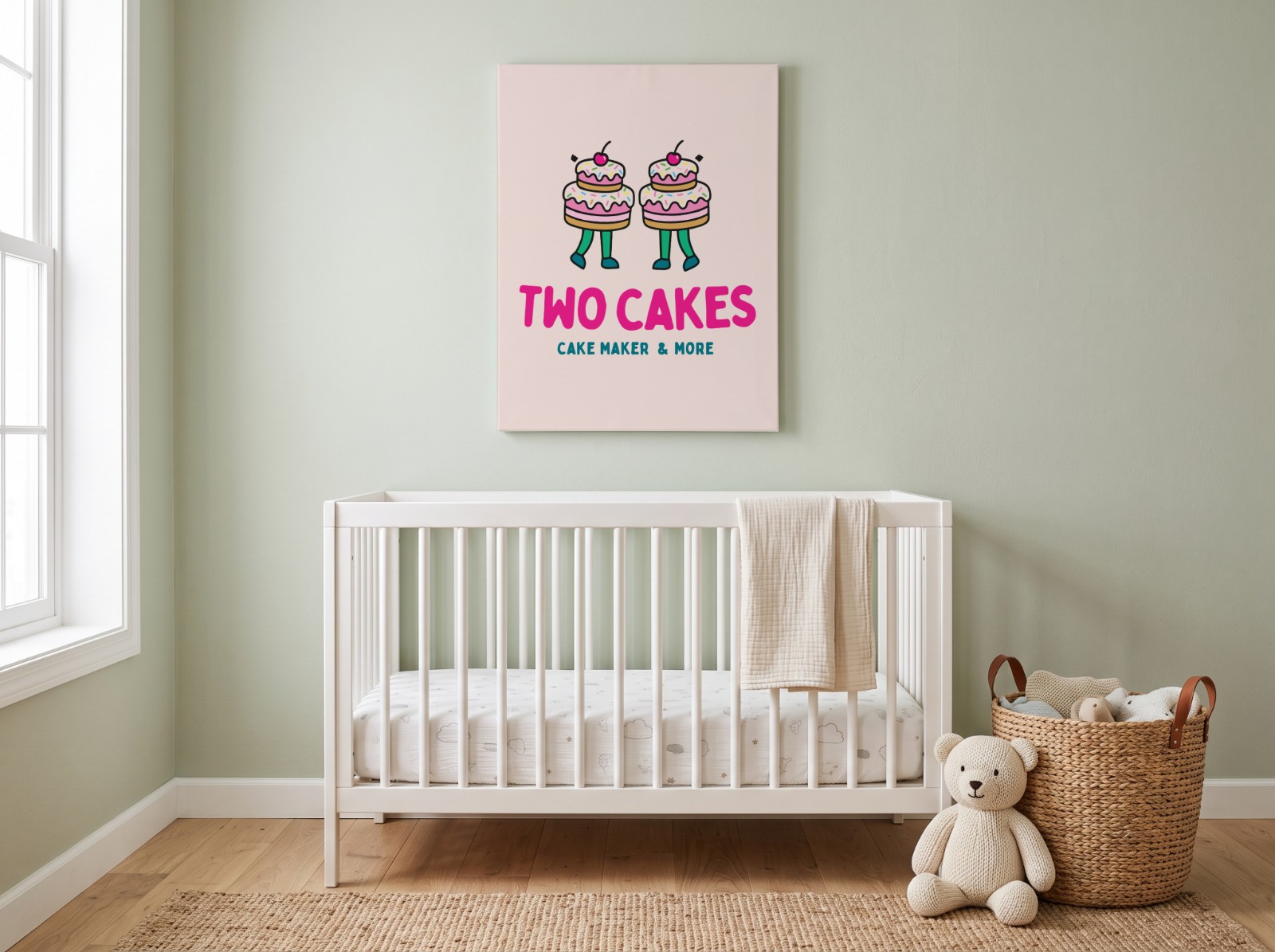 Portrait Canvas Above a Crib in a Sage Nursery showing the Two Cakes logo