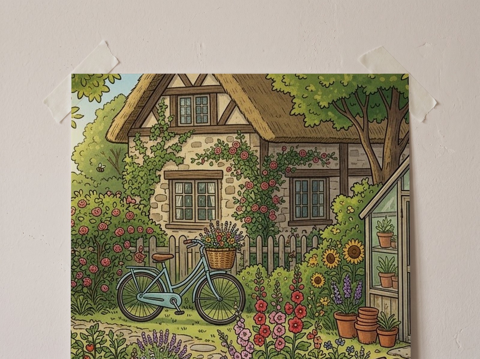 Close-up of a taped poster with an illustrated garden print on a plaster wall