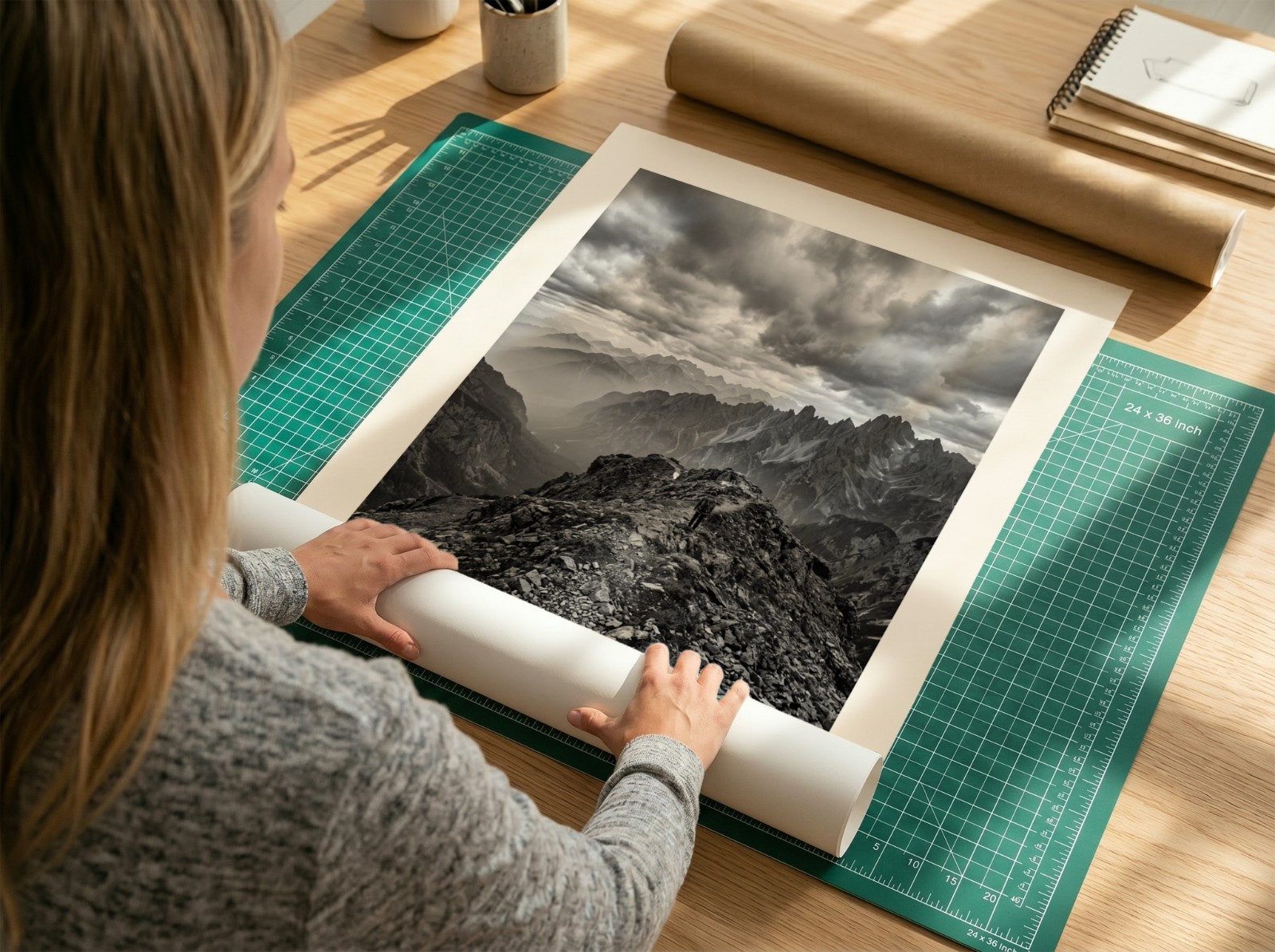 Poster Unrolled on Green Cutting Mat showing a black and white mountain print