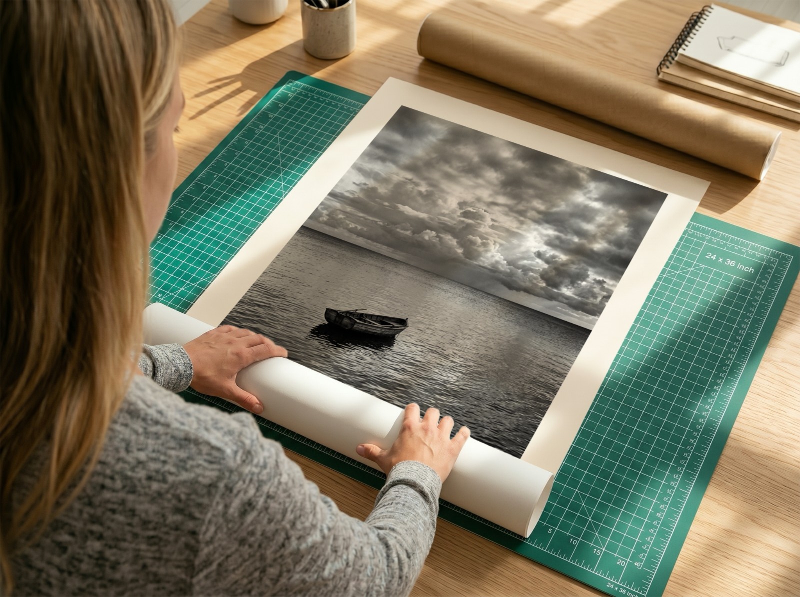 Poster Unrolled on Green Cutting Mat showing a black and white seascape print