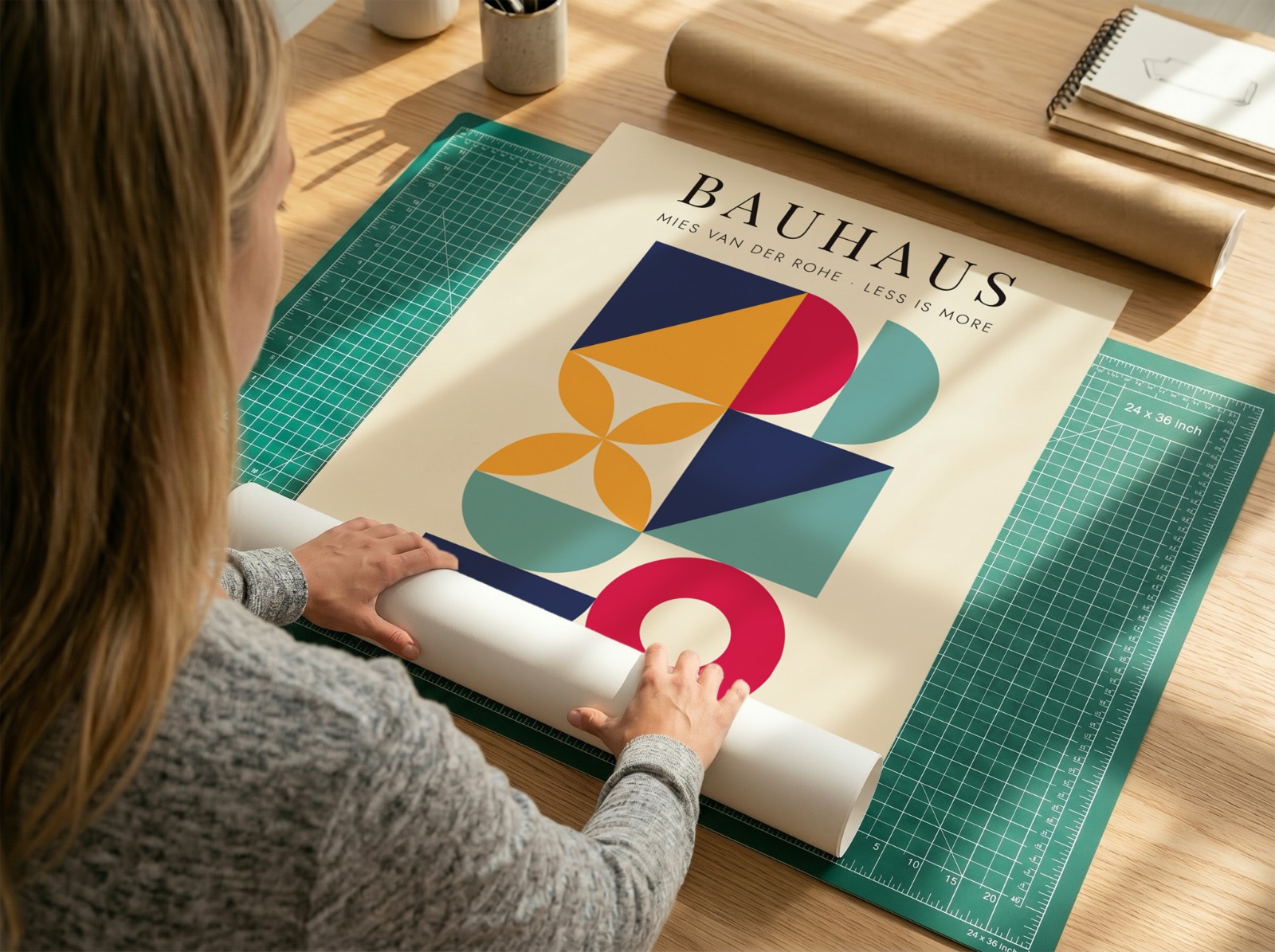 Poster Unrolled on Green Cutting Mat showing a Bauhaus geometric print