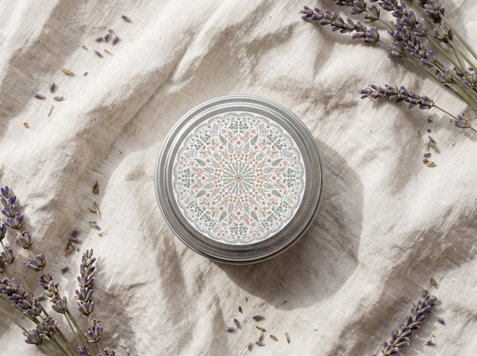 Round Candle Tin Lid Label on Linen showing a botanical mandala