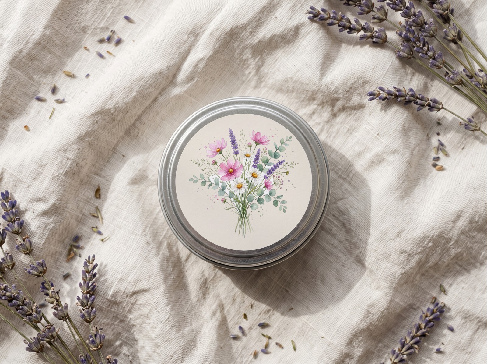 Round Candle Tin Lid Label on Linen showing a watercolour wildflower bouquet
