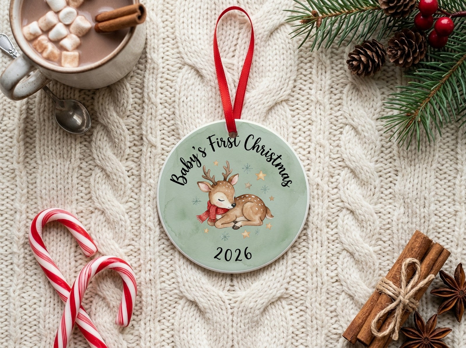 Round Ceramic Ornament Mockup on a Cable Knit with Cocoa and Candy Canes example