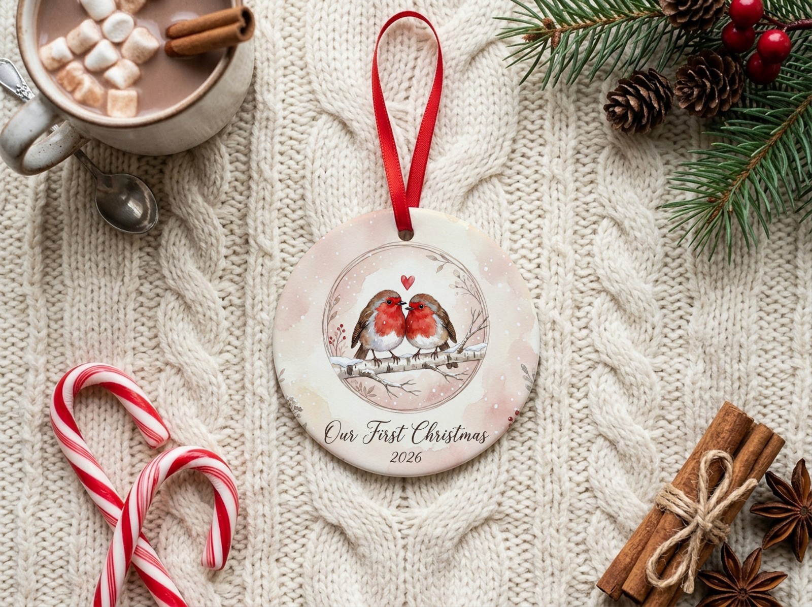 Round Ceramic Ornament on a Cable Knit with Cocoa and Candy Canes showing an Our First Christmas robins design
