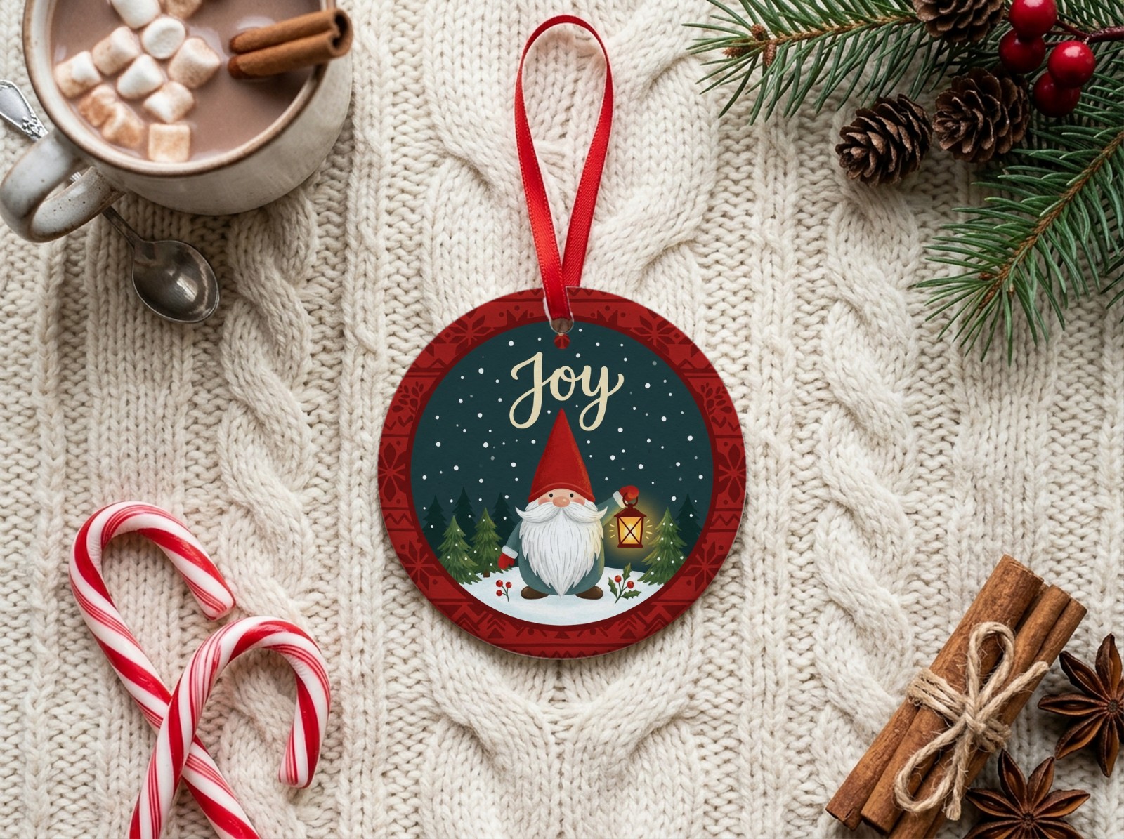 Round Ceramic Ornament on a Cable Knit with Cocoa and Candy Canes showing a Scandinavian gnome Joy design