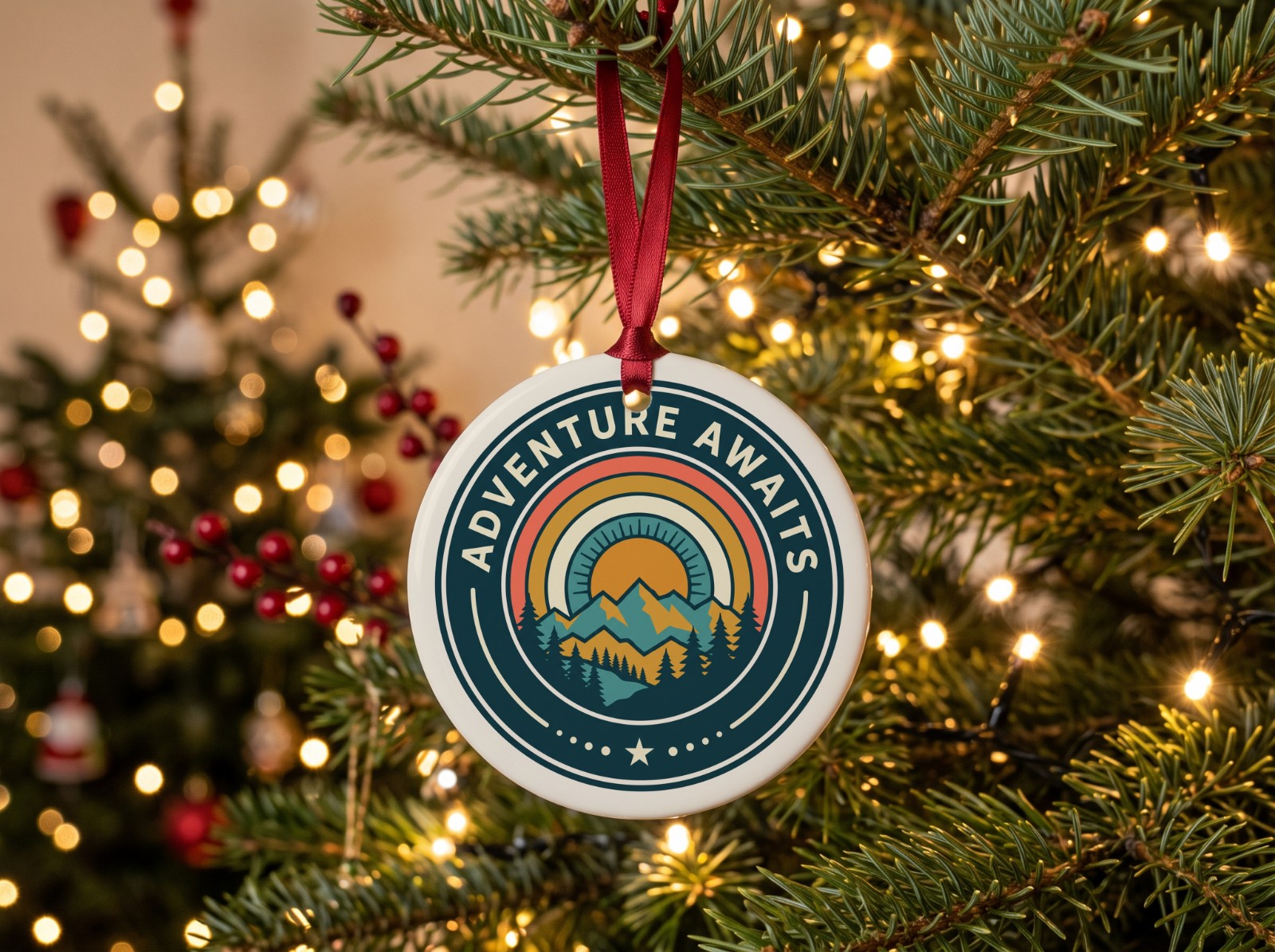 Round Ceramic Ornament Mockup Hanging on a Christmas Tree example