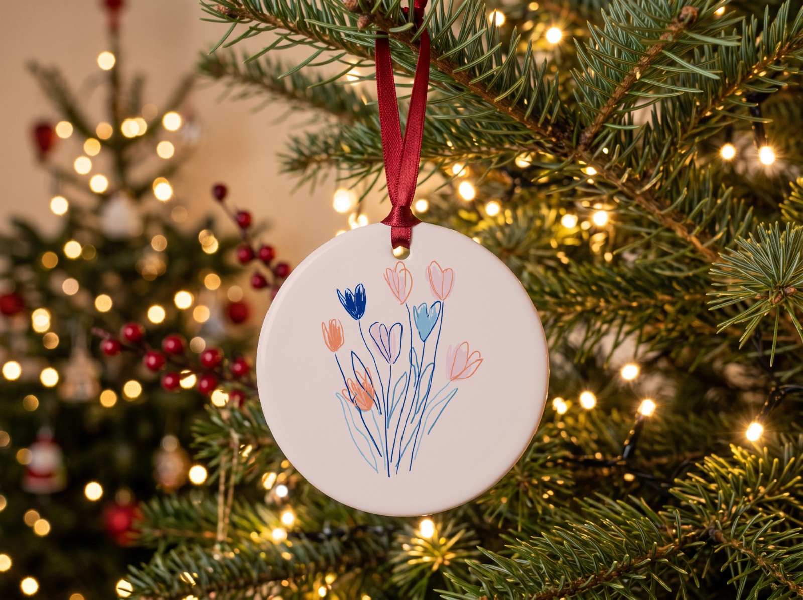 Round Ceramic Ornament Hanging on a Christmas Tree showing the hand-drawn Flowers artwork