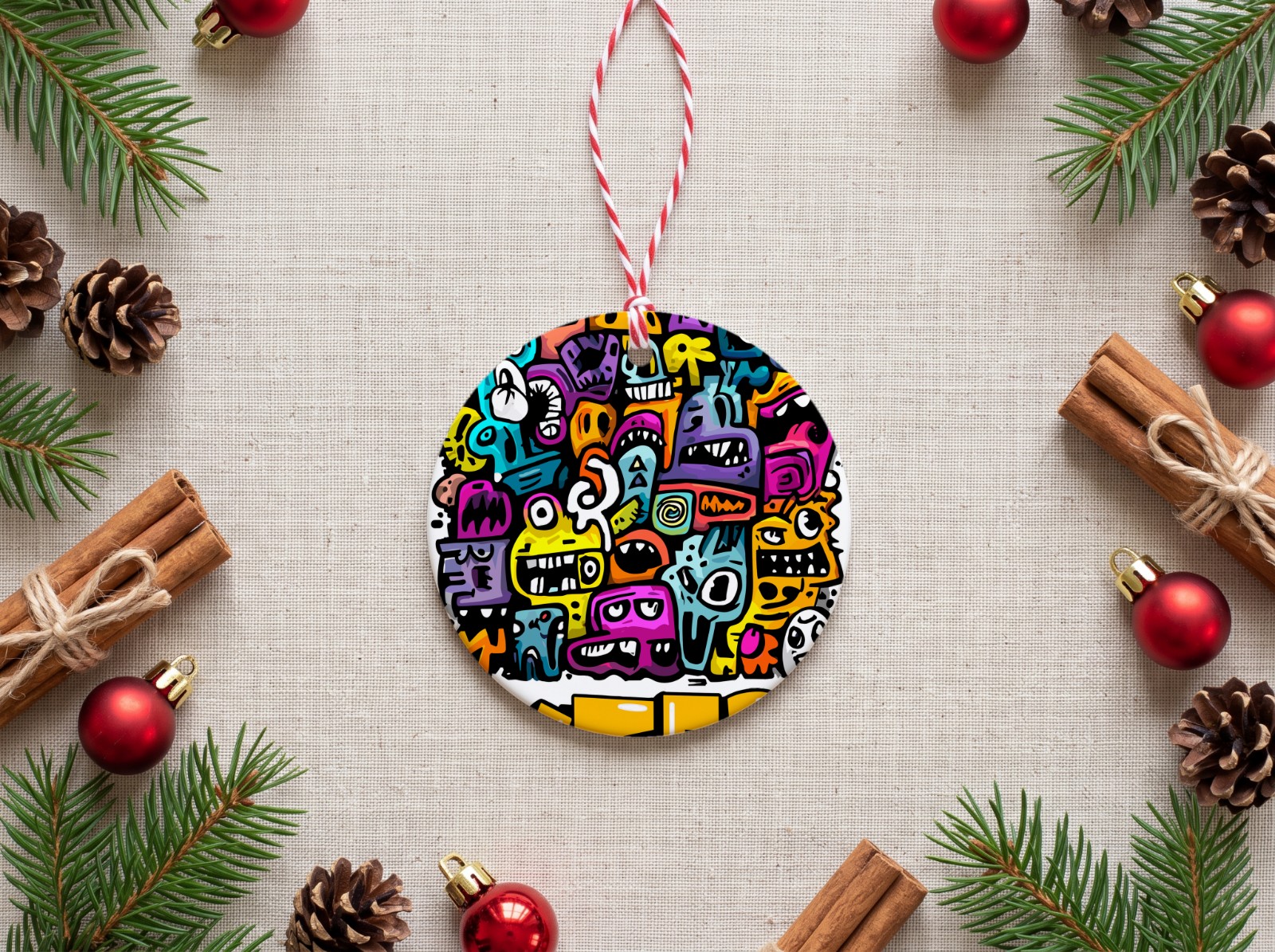 Round Ceramic Christmas Ornament Flat Lay with Pine showing the WTF monster doodles