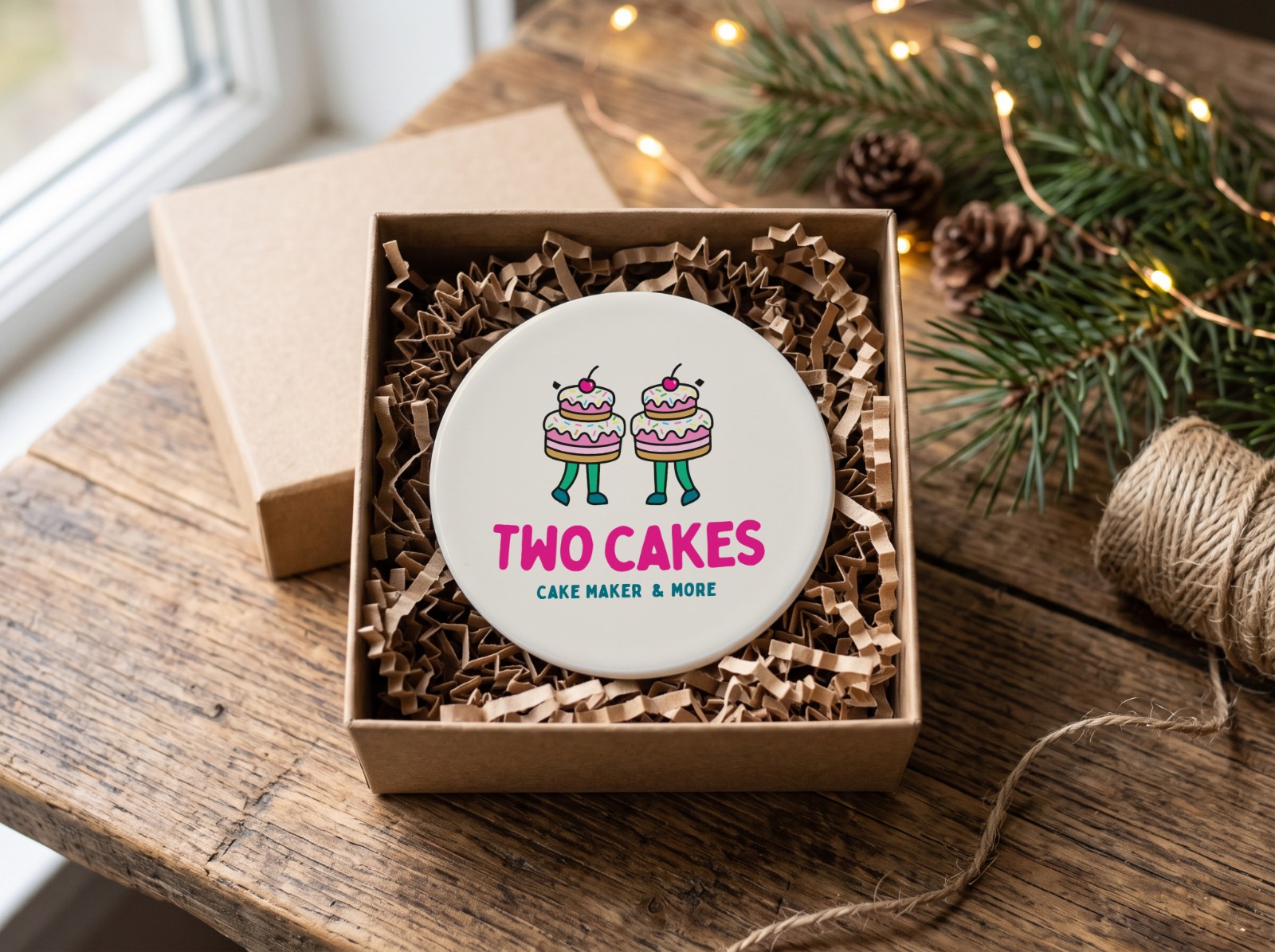 Round Ceramic Ornament Mockup in a Kraft Gift Box example