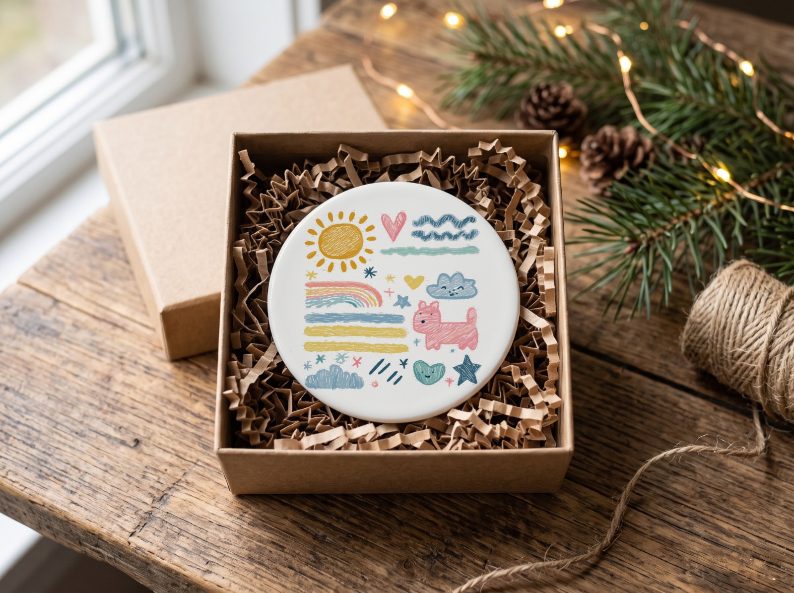 Round Ceramic Ornament in a Kraft Gift Box showing the crayon doodles artwork