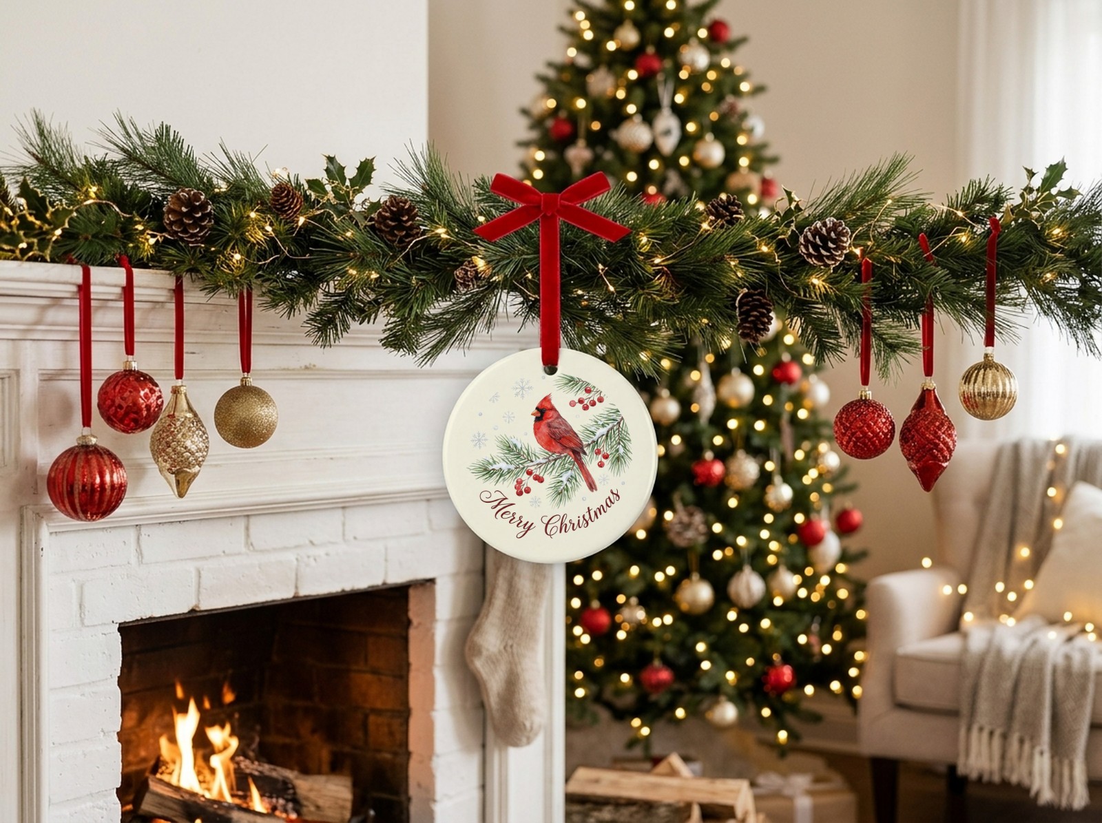 Round Ceramic Ornament Mockup on a Mantel Garland by the Fireplace example