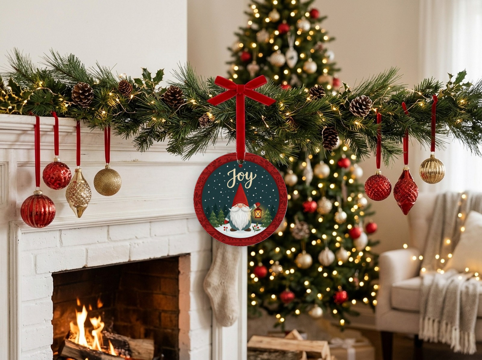 Round Ceramic Ornament on a Mantel Garland by the Fireplace showing a Scandinavian gnome Joy design