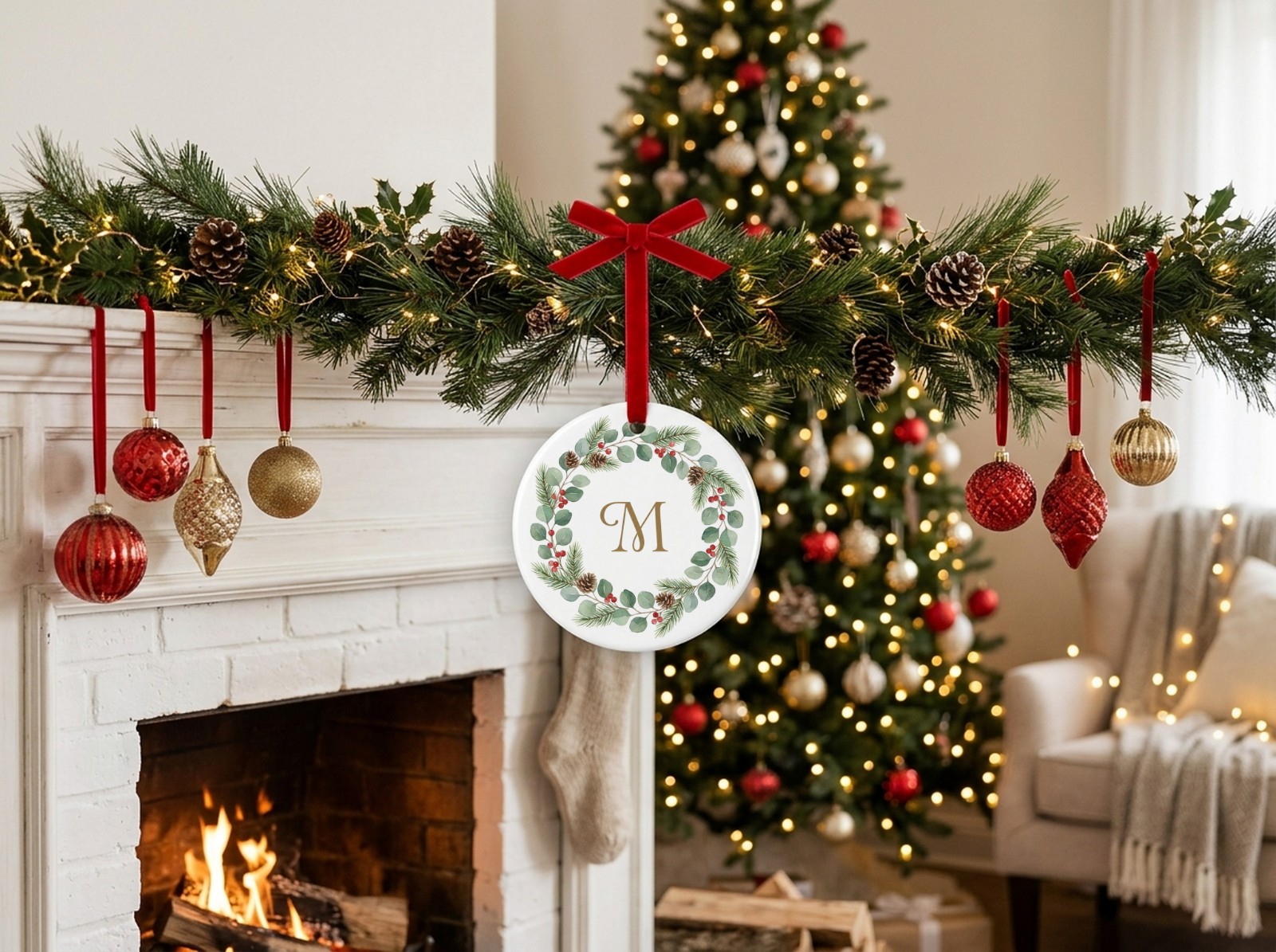 Round Ceramic Ornament on a Mantel Garland by the Fireplace showing a watercolour wreath monogram design