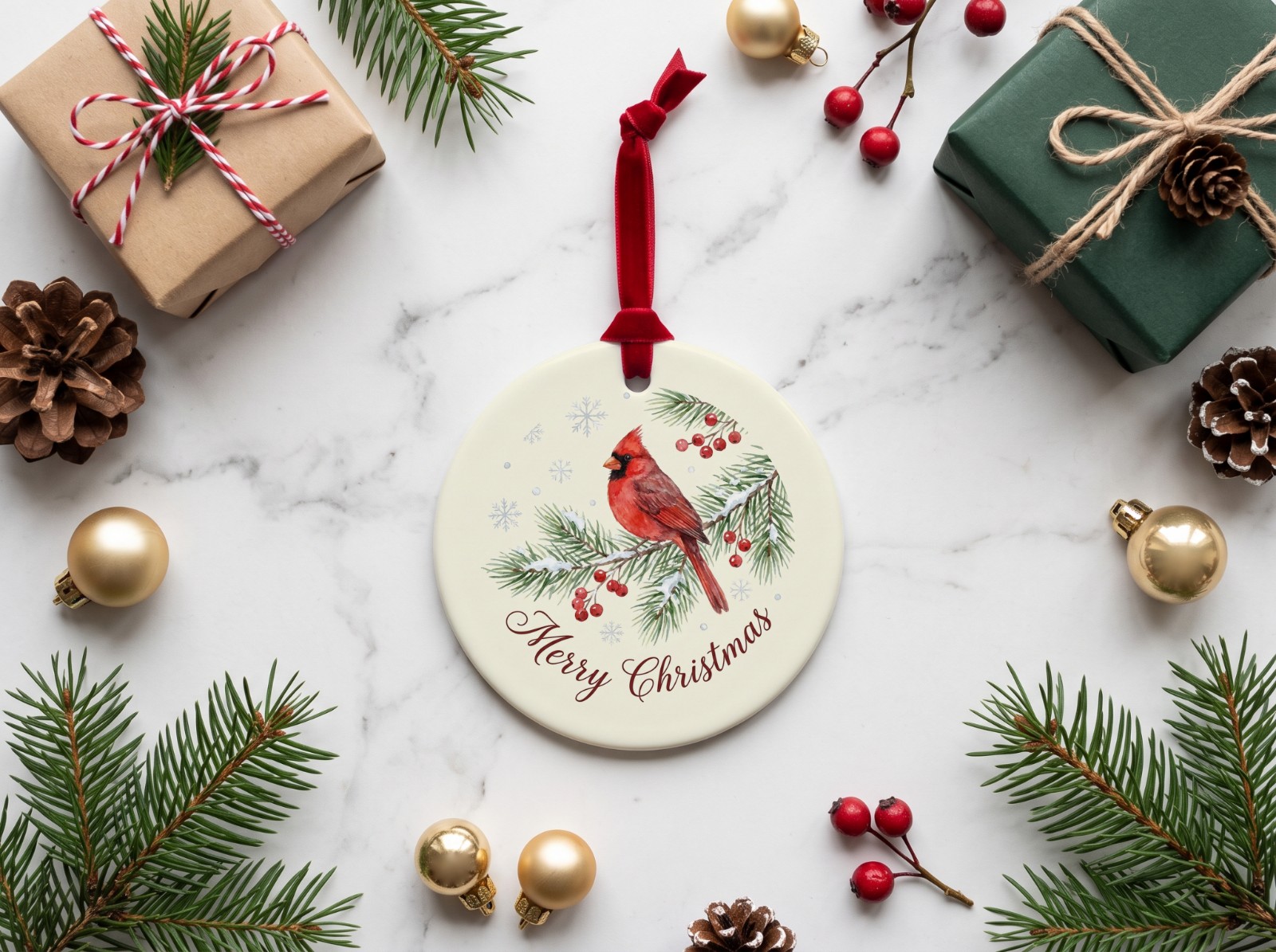 Round Ceramic Christmas Ornament Mockup on Marble with Gift Boxes example