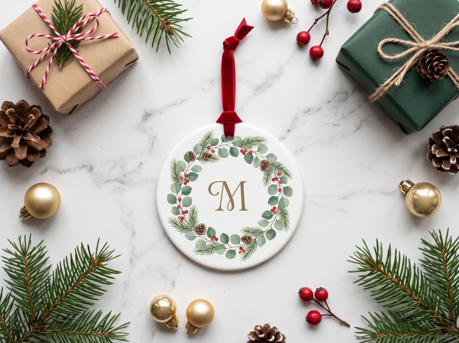 Round Ceramic Christmas Ornament on Marble with Gift Boxes showing a watercolour wreath monogram design
