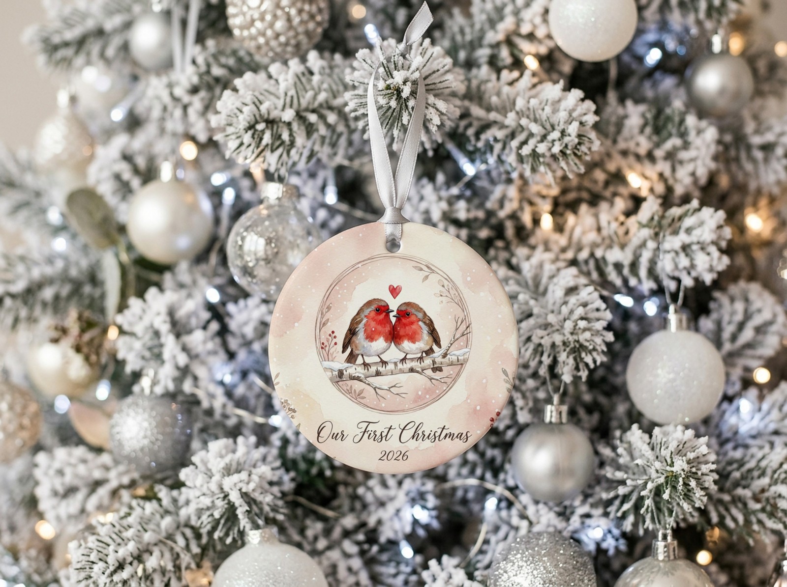 Round Ceramic Ornament Mockup on a White Flocked Christmas Tree example
