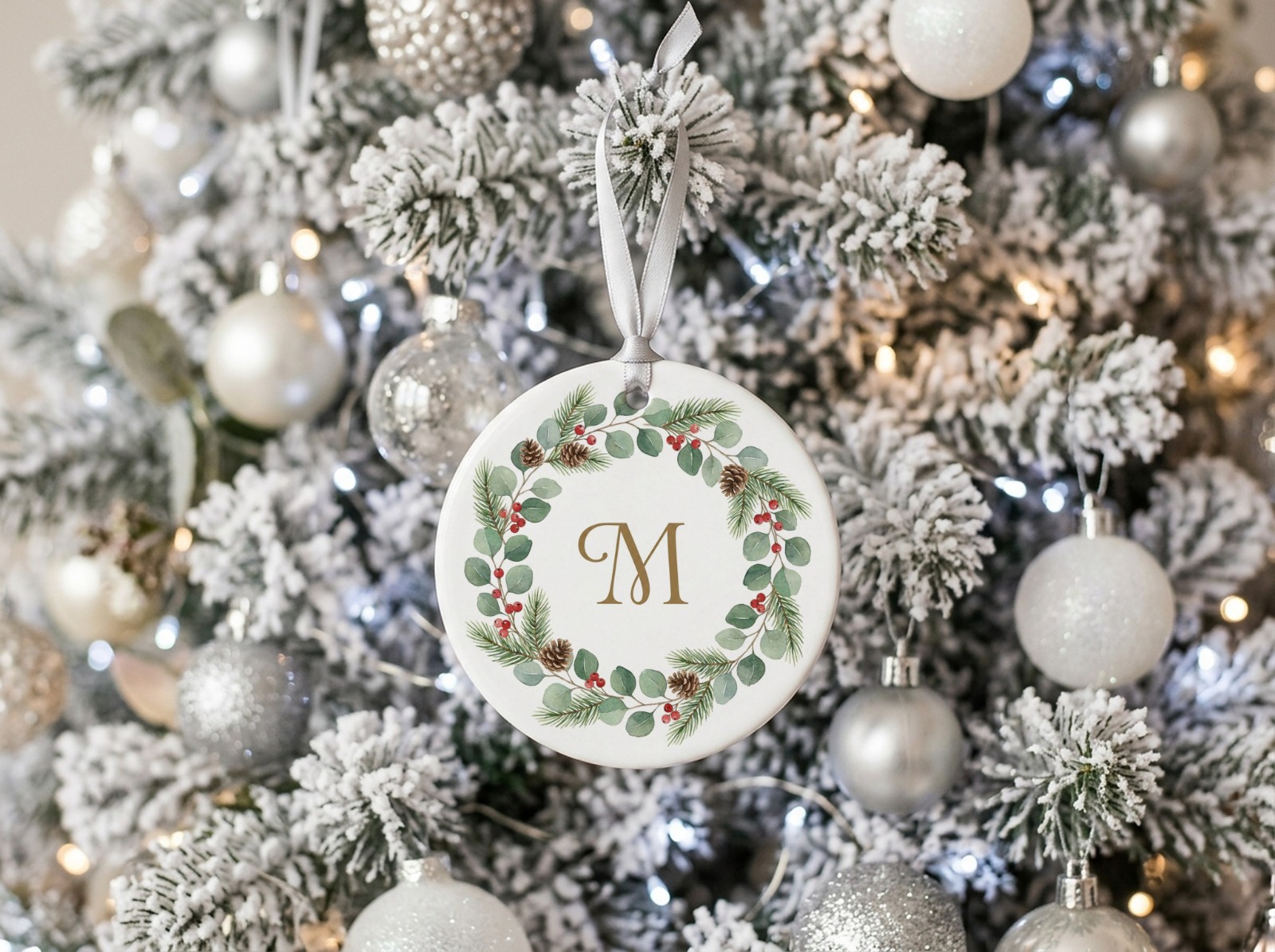 Round Ceramic Ornament on a White Flocked Christmas Tree showing a watercolour wreath monogram design
