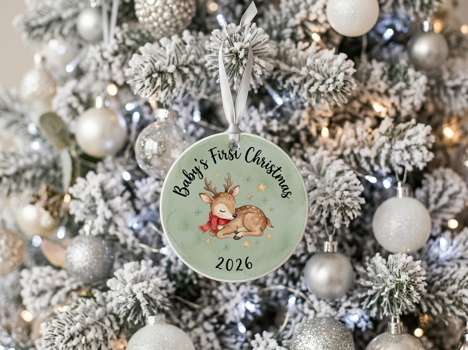 Round Ceramic Ornament on a White Flocked Christmas Tree showing a Baby's First Christmas reindeer design