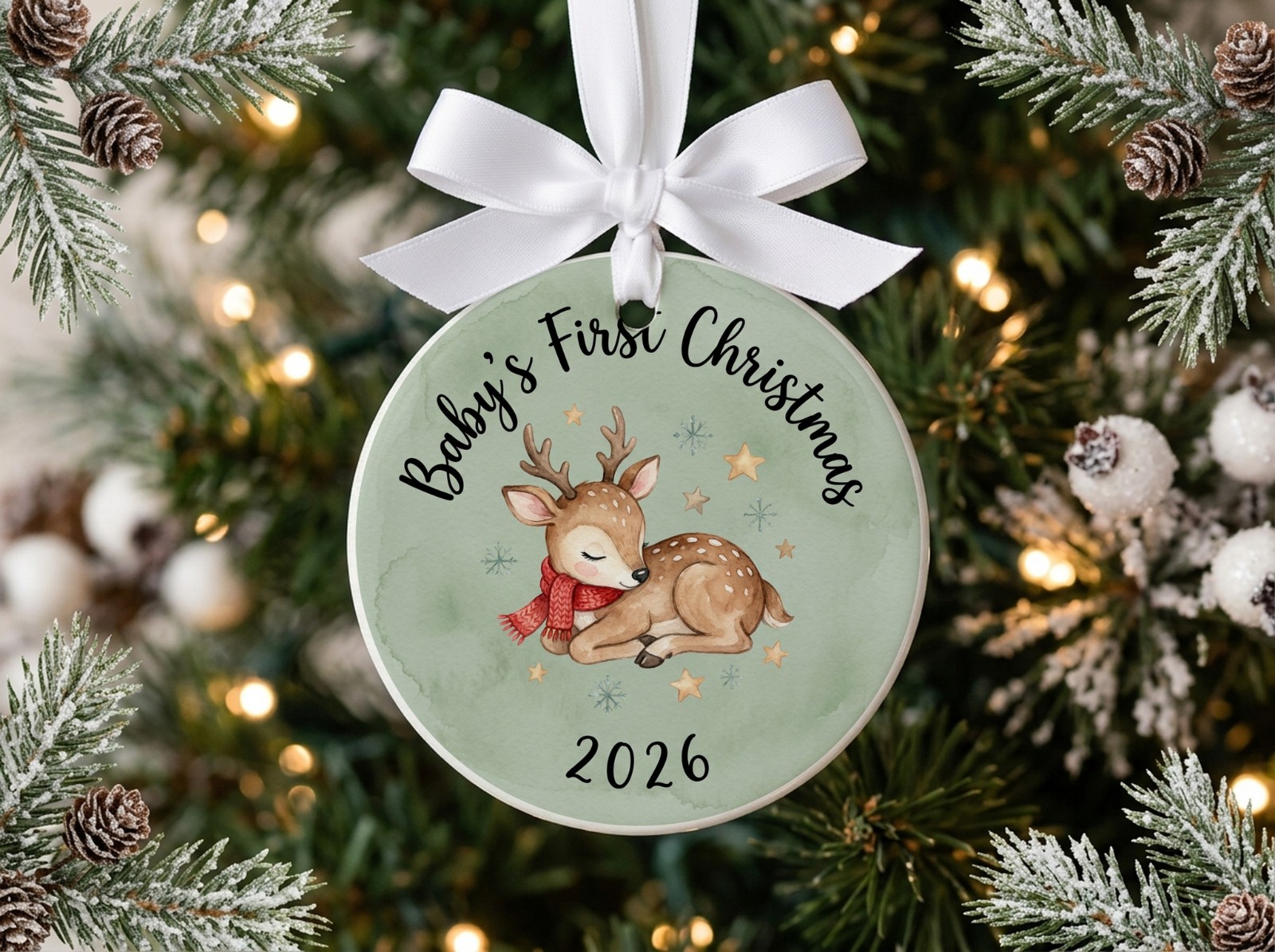 Round Ceramic Ornament with a White Satin Bow on a Frosted Tree showing a Baby's First Christmas reindeer design