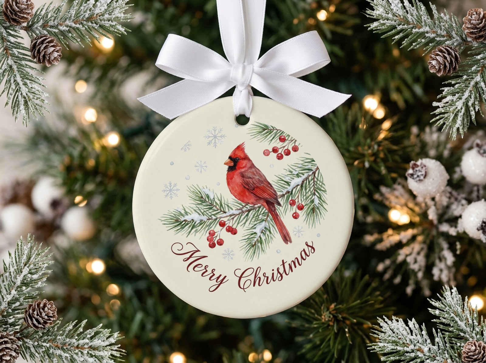 Round Ceramic Ornament with a White Satin Bow on a Frosted Tree showing a watercolour cardinal Merry Christmas design