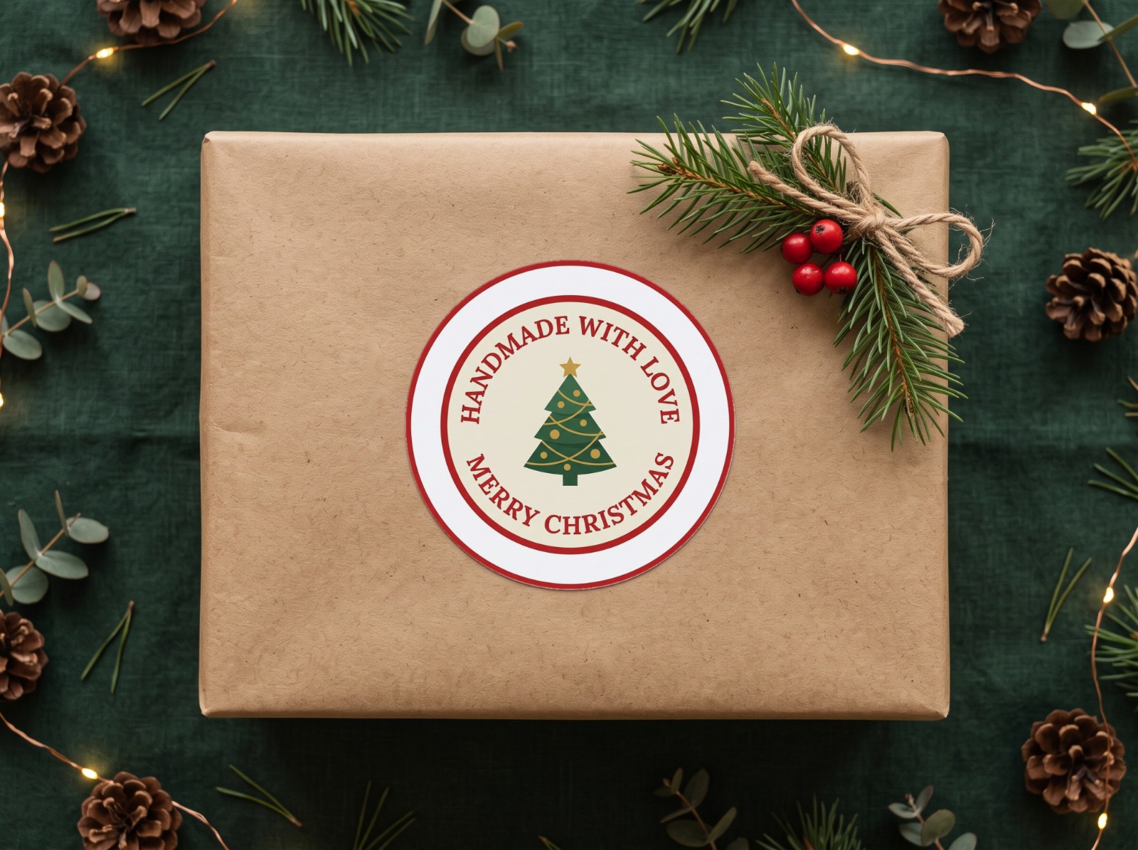 Round Christmas Sticker Mockup on a Kraft Gift Box with Pine example