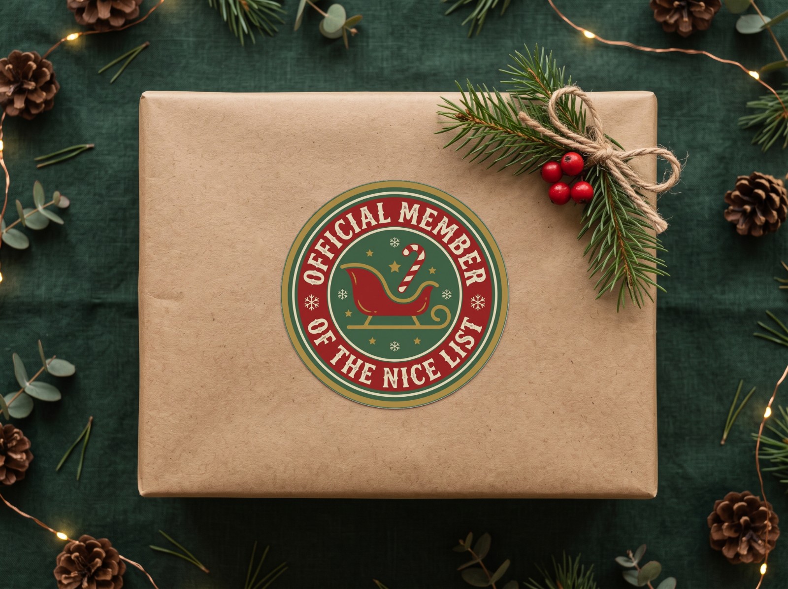 Round Christmas Sticker on a Kraft Gift Box with Pine showing a Nice List badge design