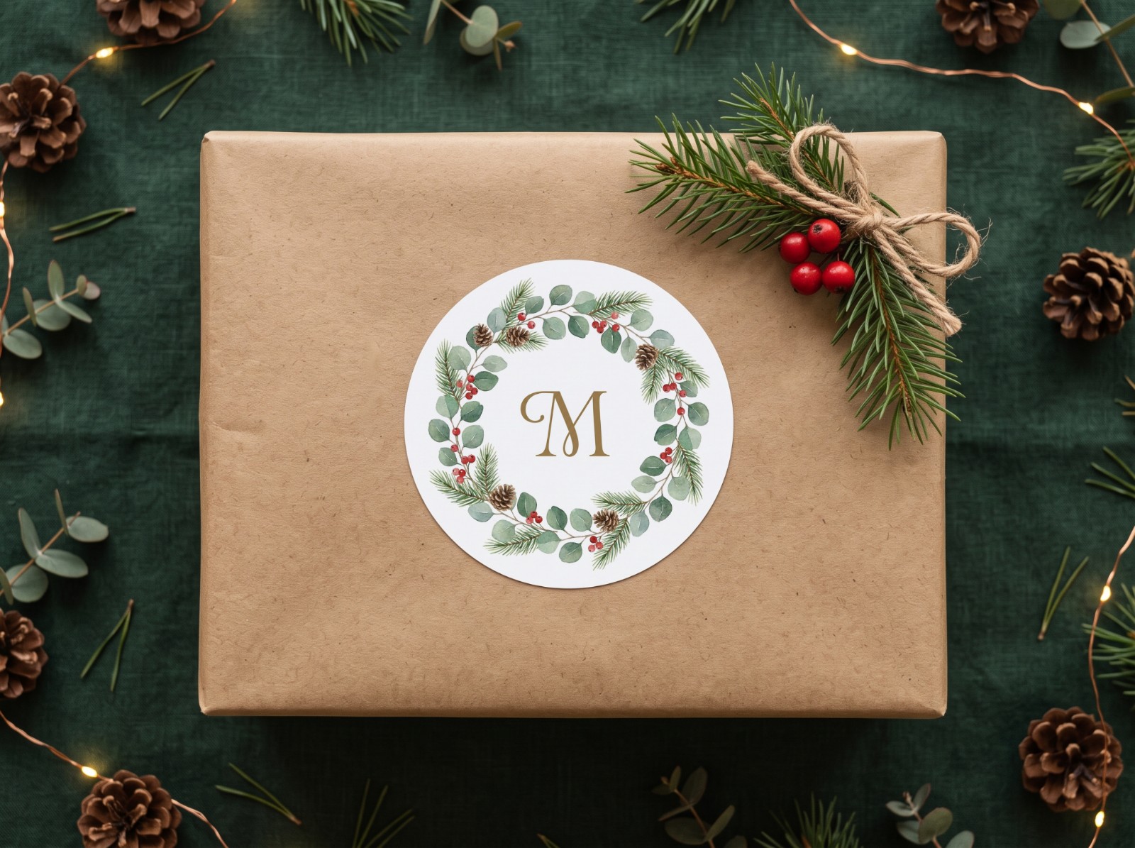 Round Christmas Sticker on a Kraft Gift Box with Pine showing a watercolour wreath monogram design