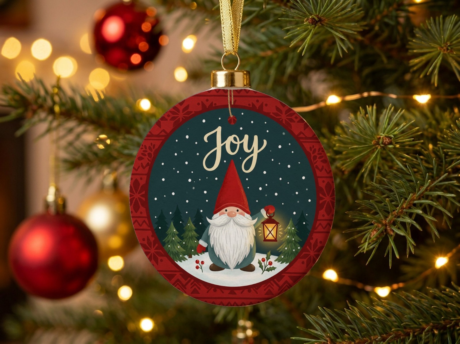 Round Porcelain Christmas Ornament Mockup on a Lit Christmas Tree example