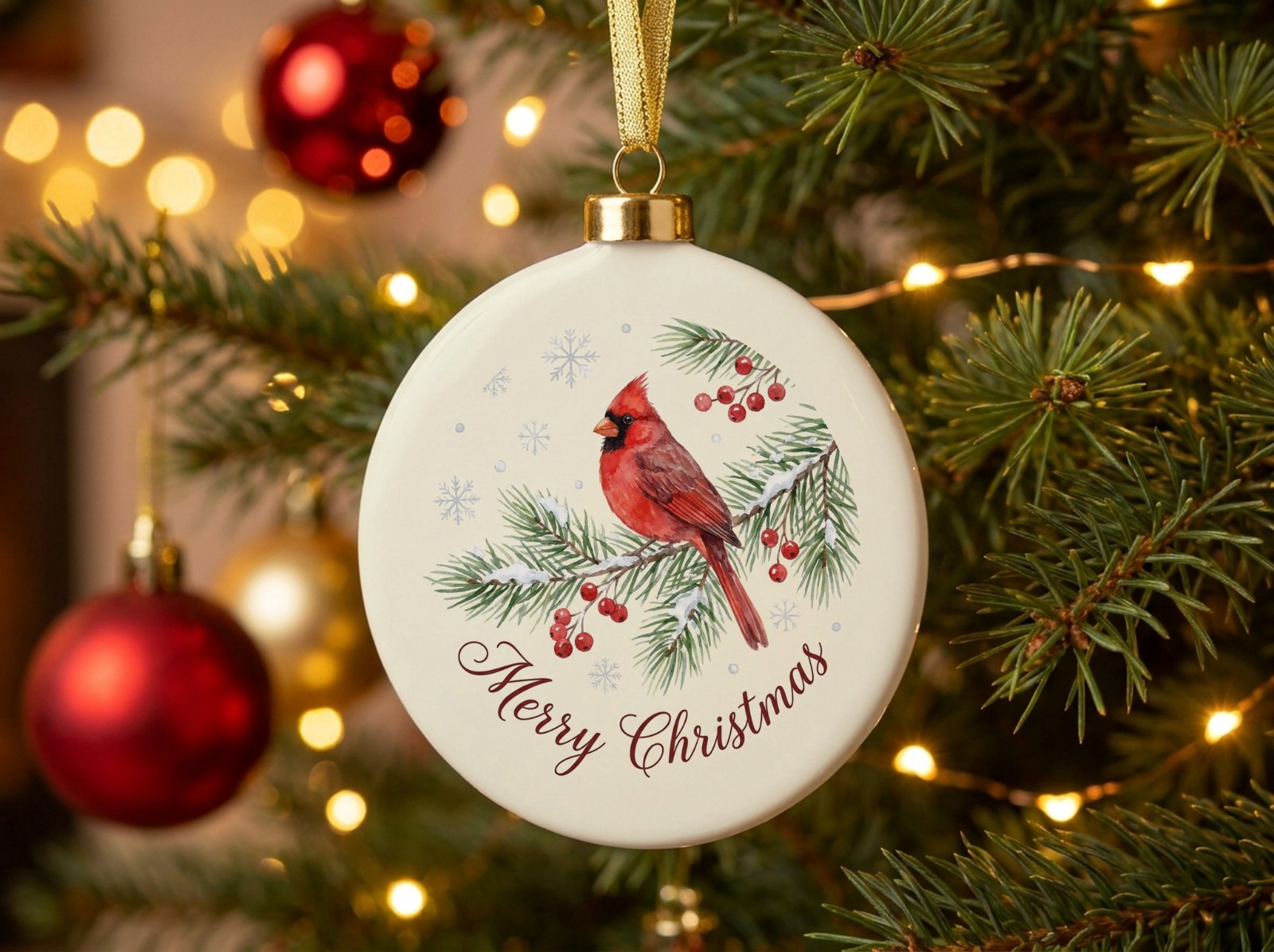 Round Porcelain Christmas Ornament on a Lit Christmas Tree showing a watercolour cardinal Merry Christmas design