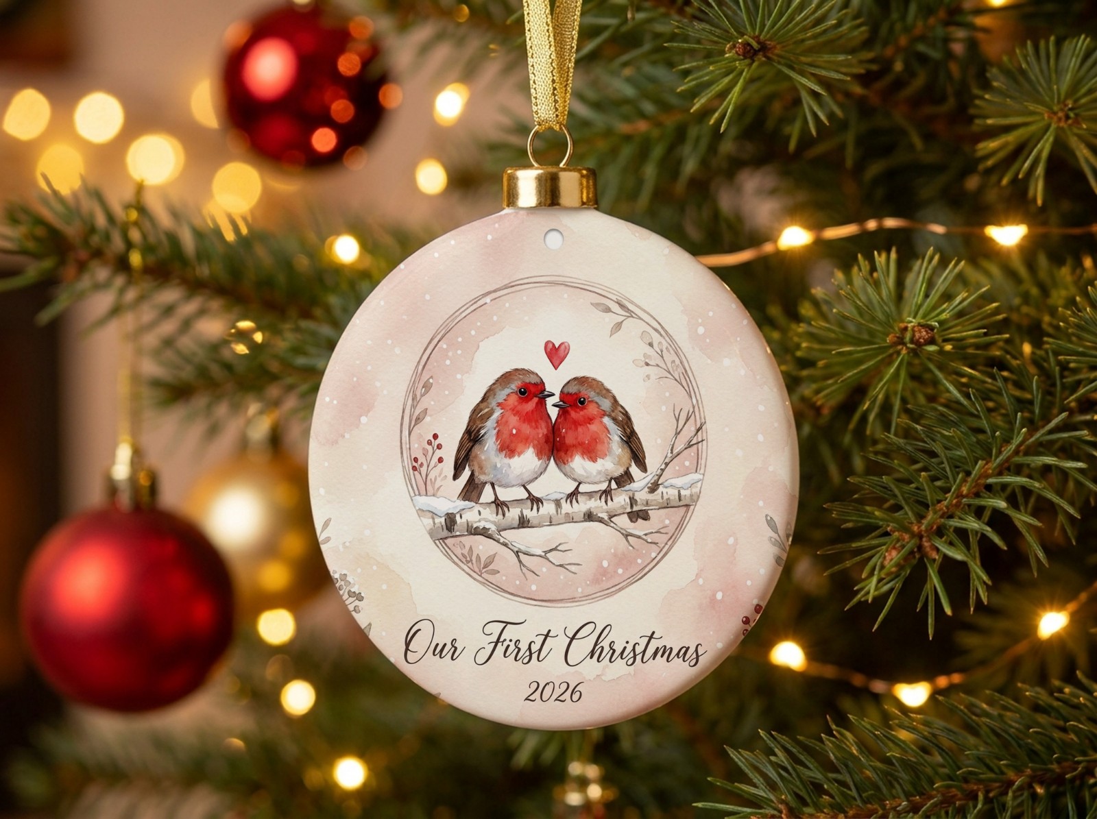 Round Porcelain Christmas Ornament on a Lit Christmas Tree showing an Our First Christmas robins design