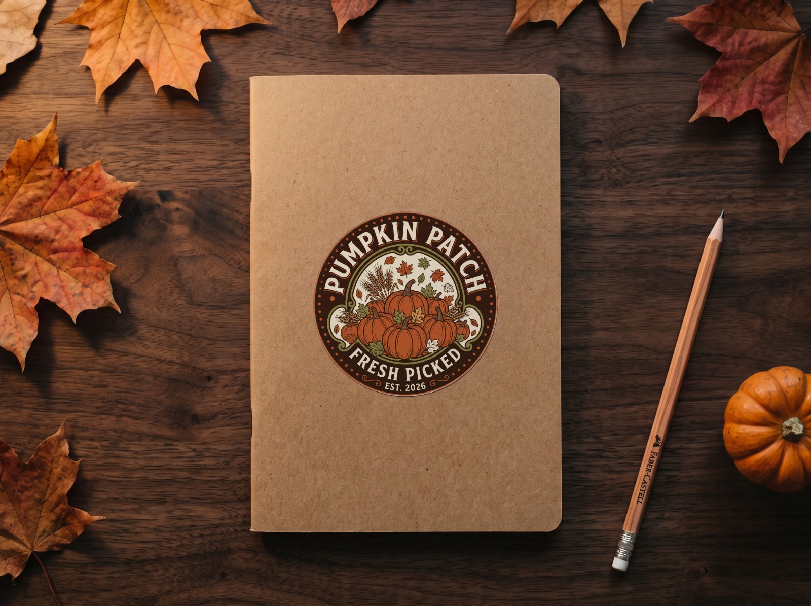 Round Sticker Halloween Mockup on a Kraft Notebook with Autumn Leaves example