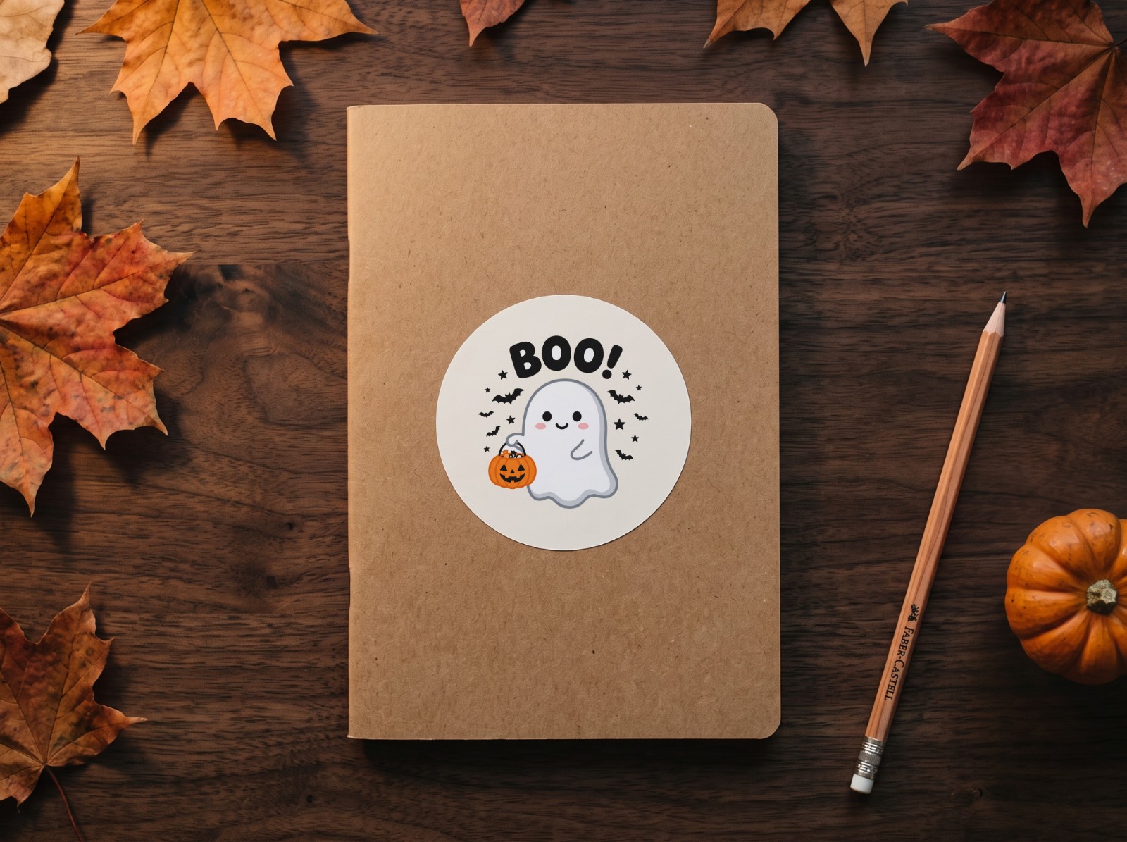 Round Sticker Halloween on a Kraft Notebook with Autumn Leaves showing a cute Boo ghost design