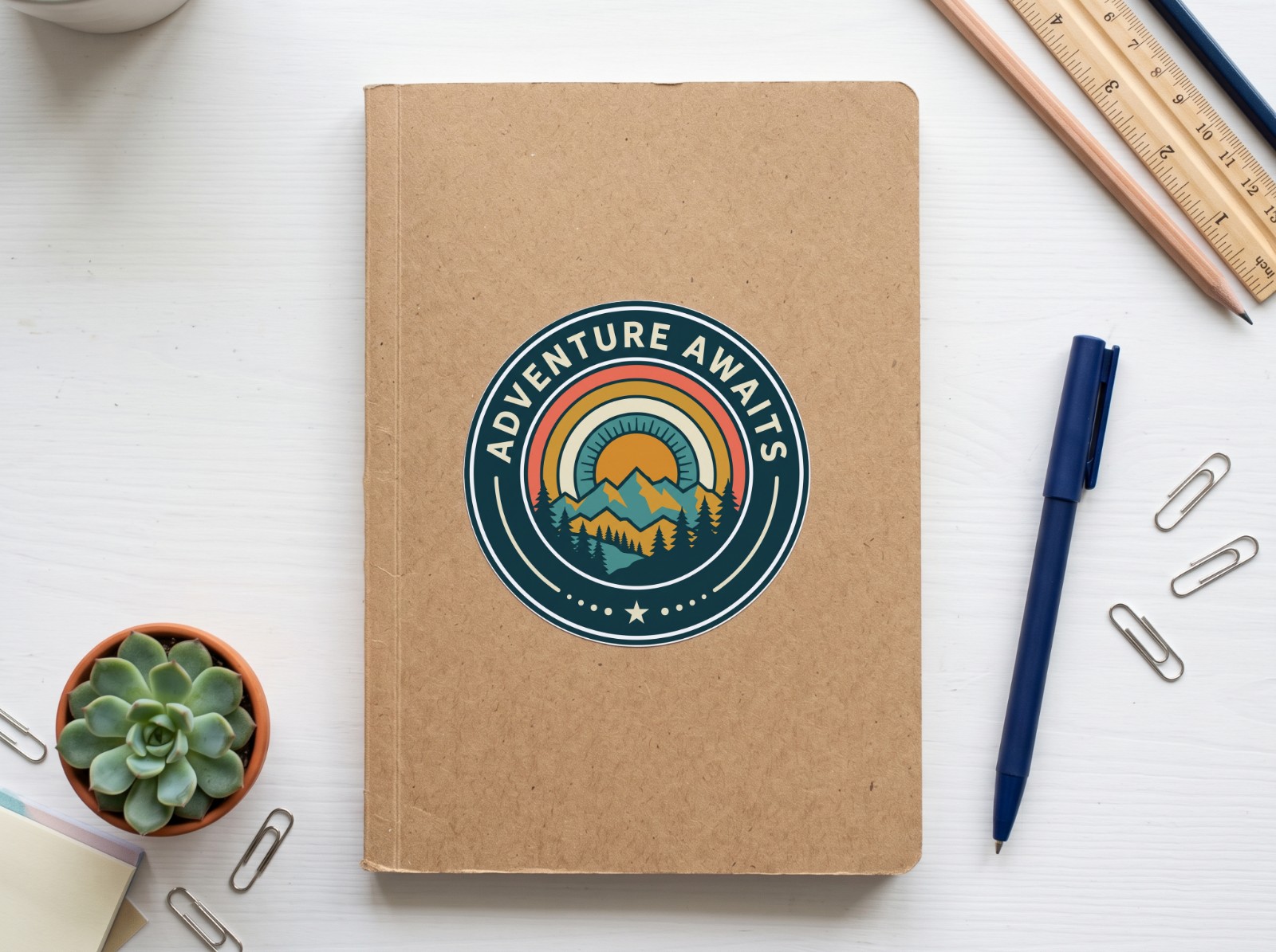 Round Sticker on a Kraft Notebook showing the Adventure Awaits badge
