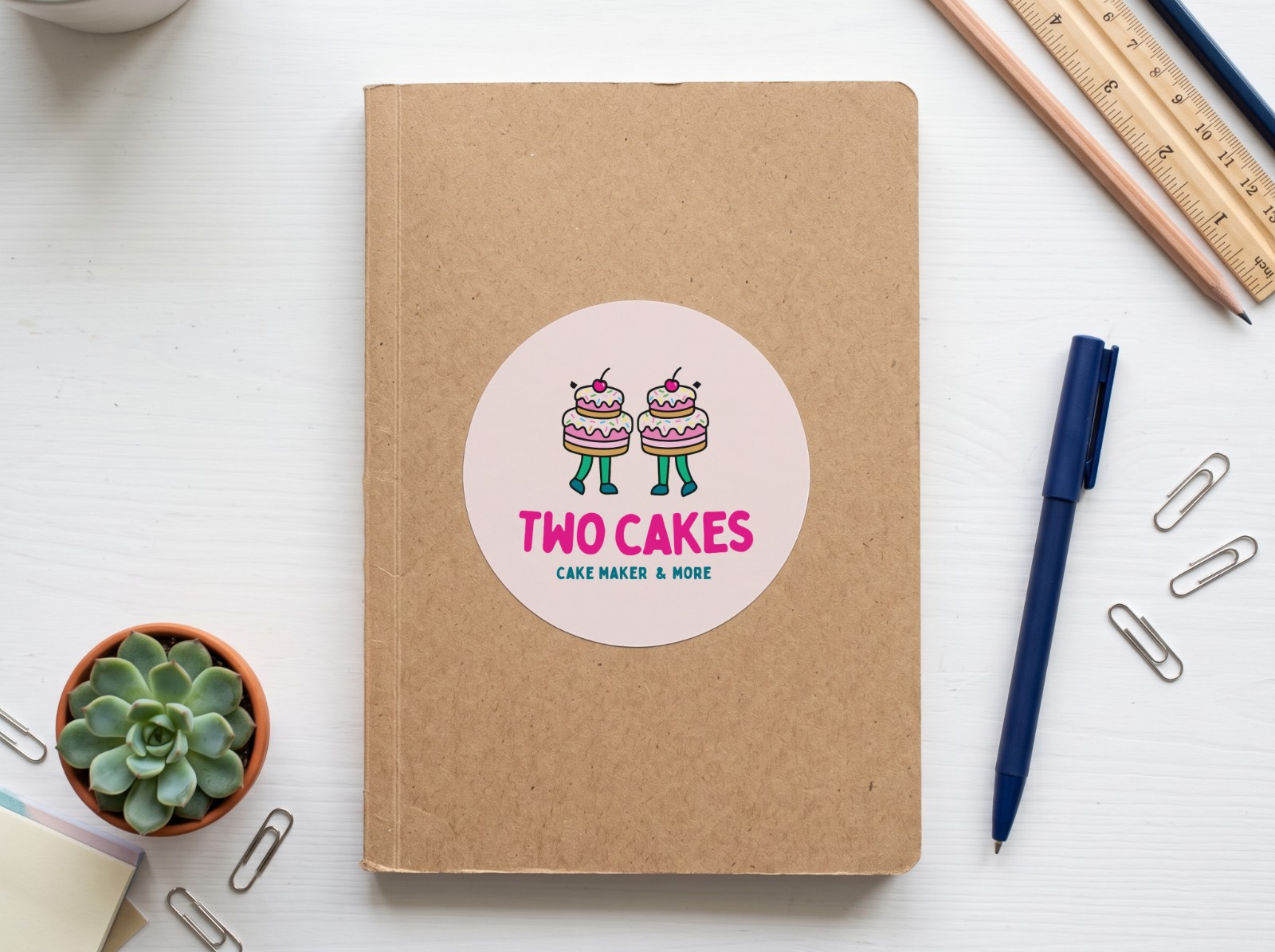 Round Sticker on a Kraft Notebook showing the Two Cakes logo