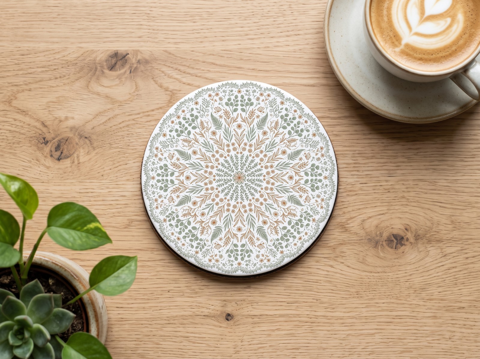 Round White Coaster Mockup on an Oak Coffee Table example