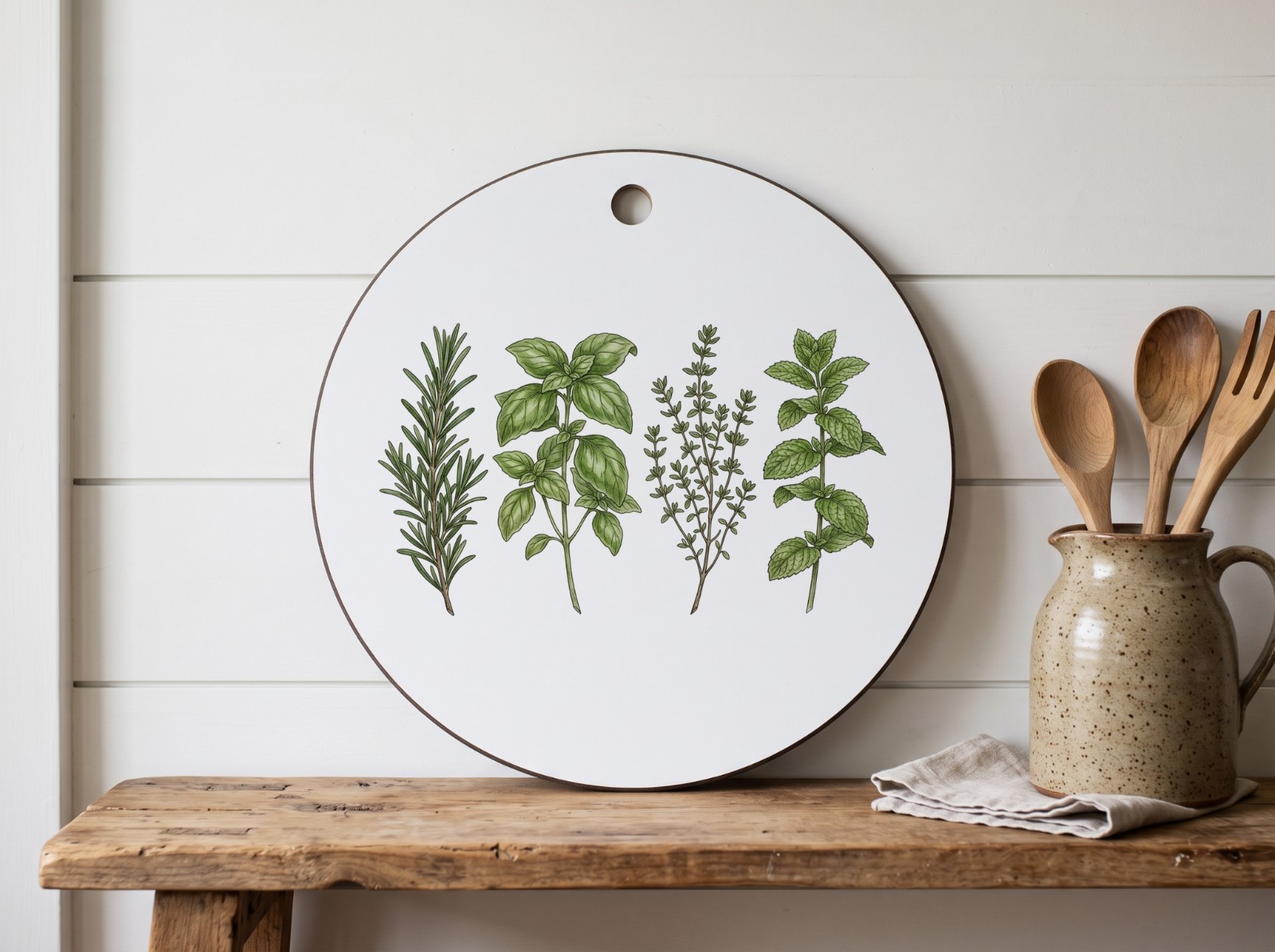 Round White Cutting Board Mockup on a Farmhouse Shelf example
