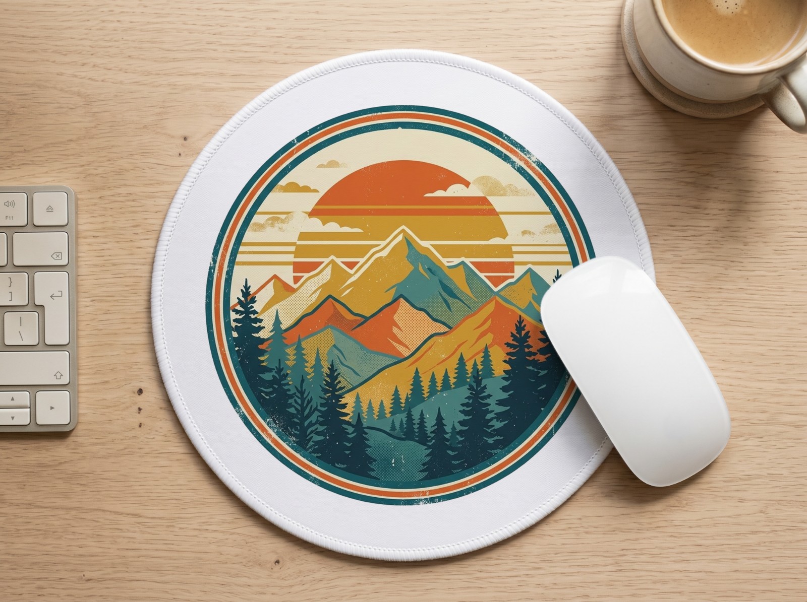 Round White Mouse Pad on an Oak Desk showing a retro mountain sunset badge