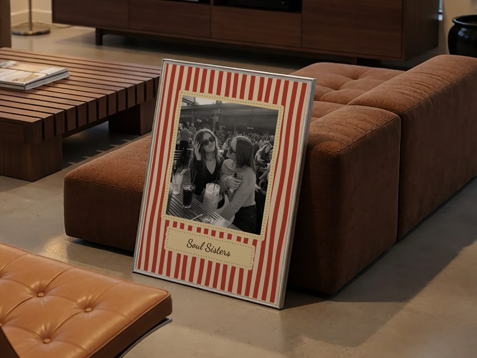 Silver Metal Frame in Modern Lounge showing a retro Soul Sisters print