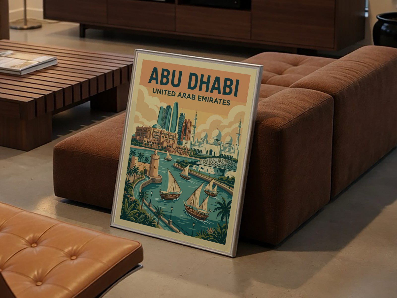 Silver Metal Frame in Modern Lounge showing an Abu Dhabi travel poster