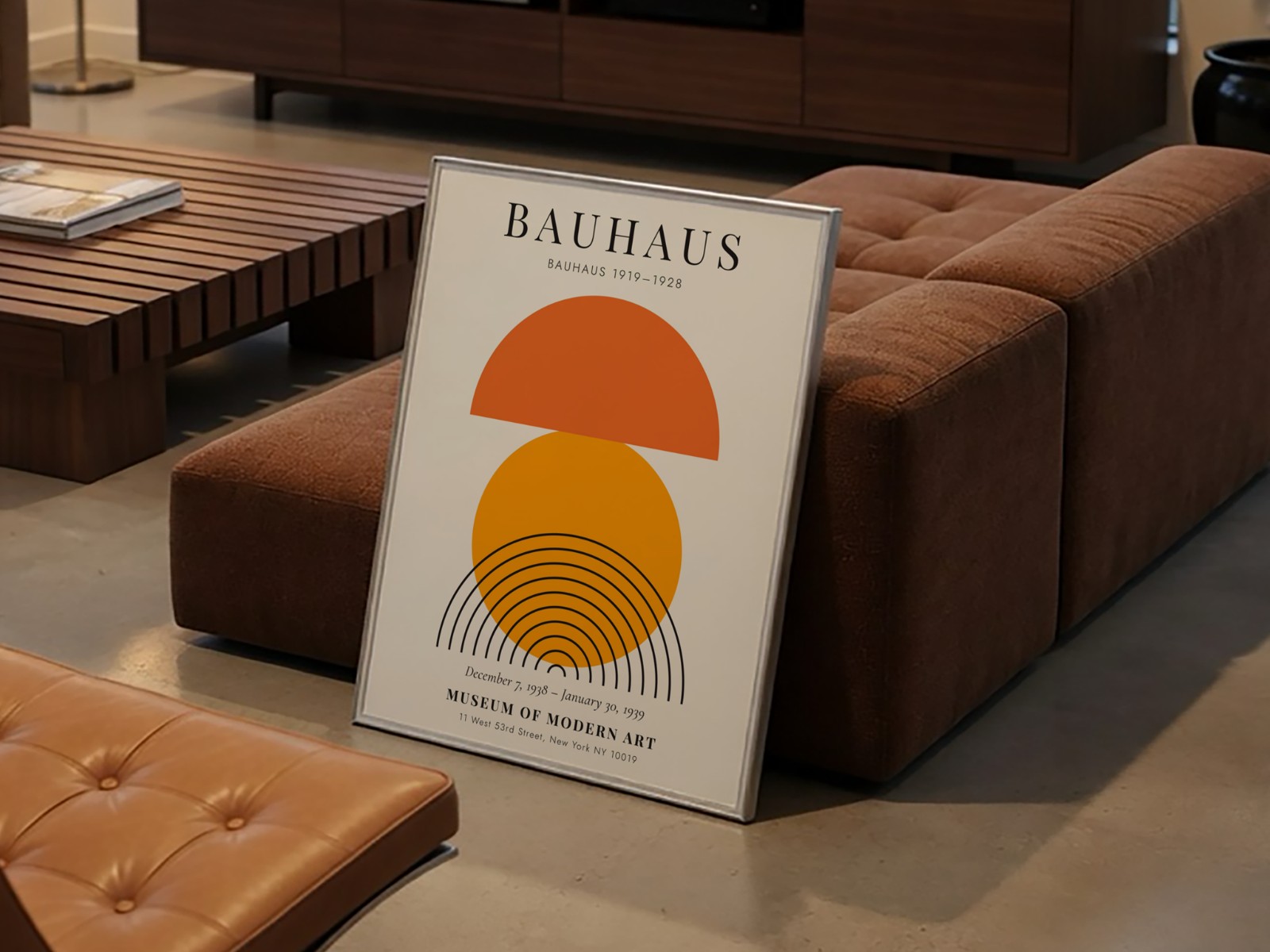 Silver Metal Frame in Modern Lounge showing a Bauhaus sun print