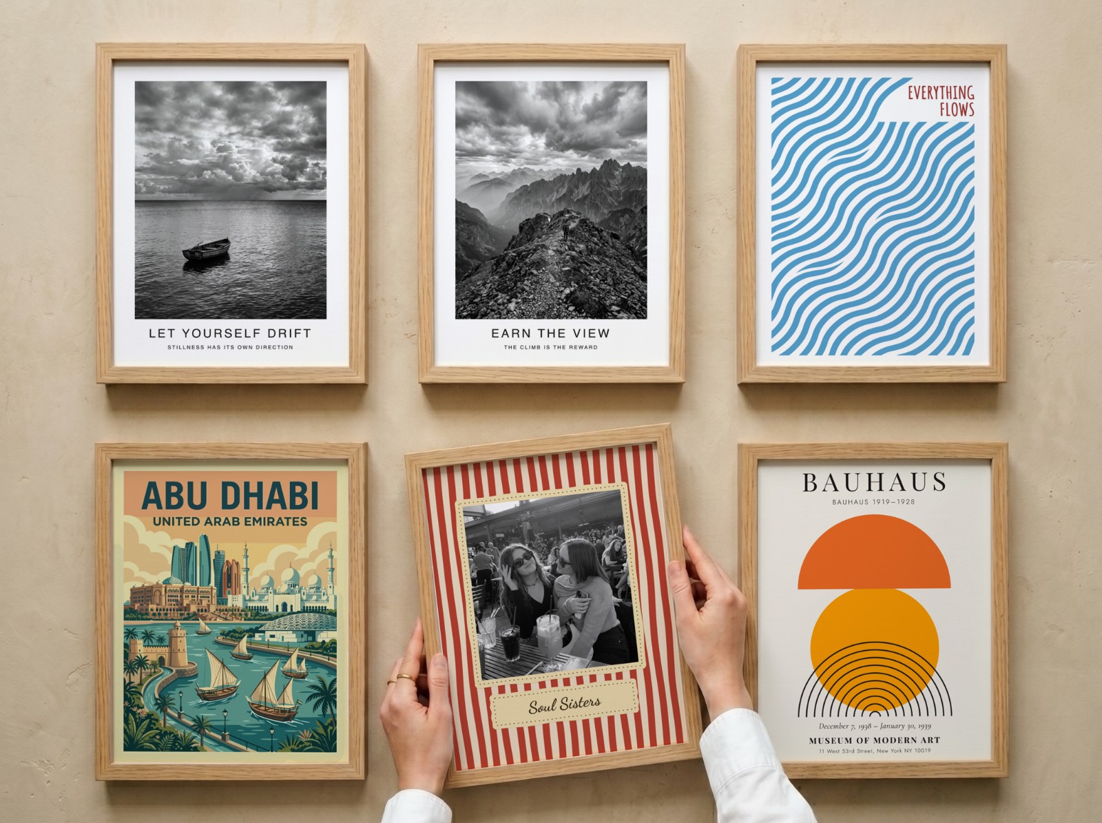 Six Oak Frame Gallery Wall showing a retro Soul Sisters print, an Abu Dhabi travel poster and 4 more designs