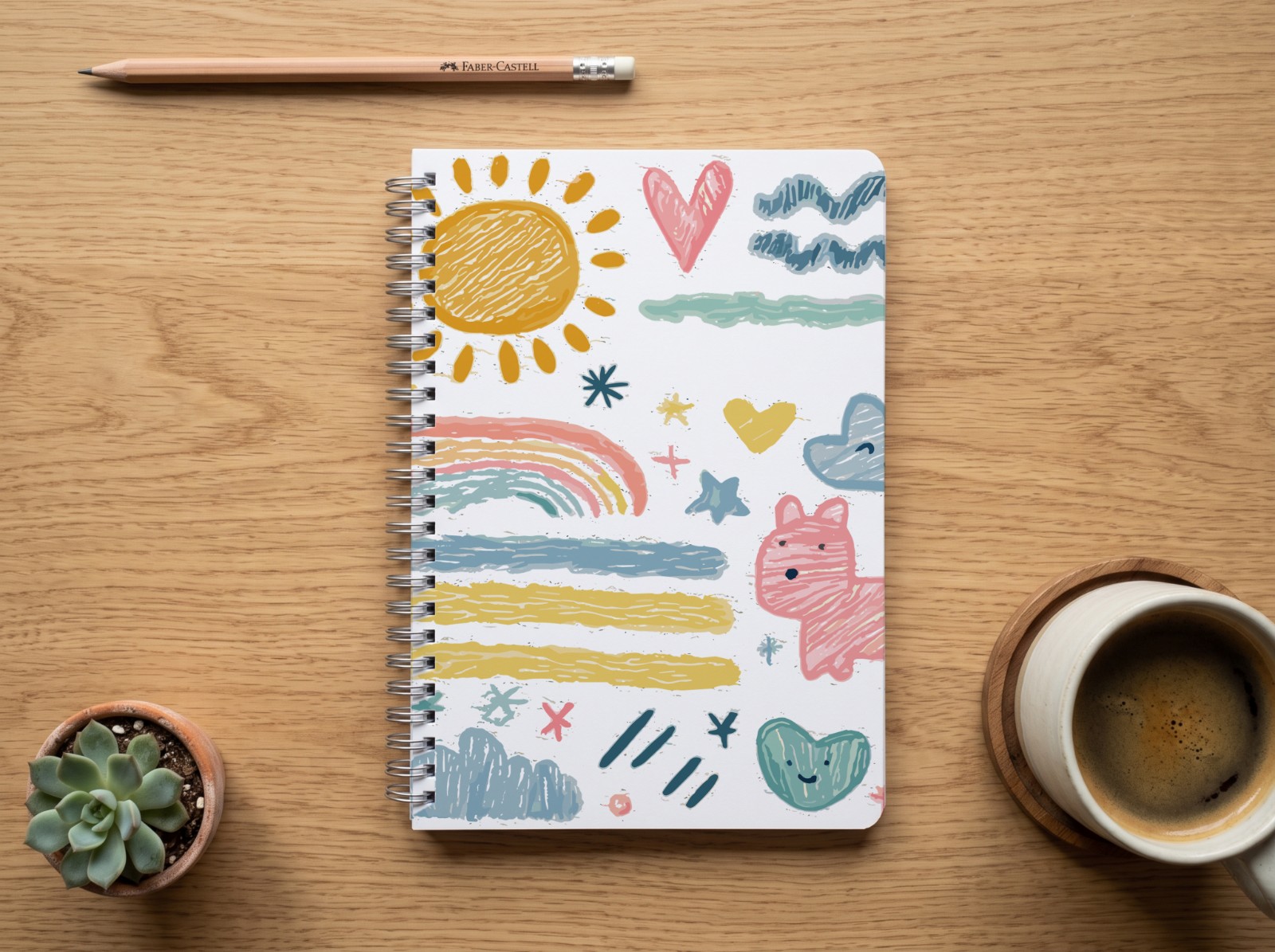 Spiral Notebook Cover on an Oak Desk showing the crayon doodles artwork