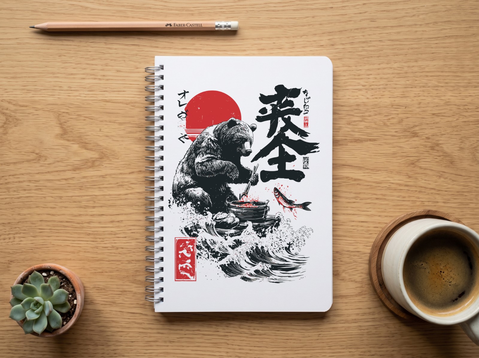 Spiral Notebook Cover on an Oak Desk showing the Japanese bear design