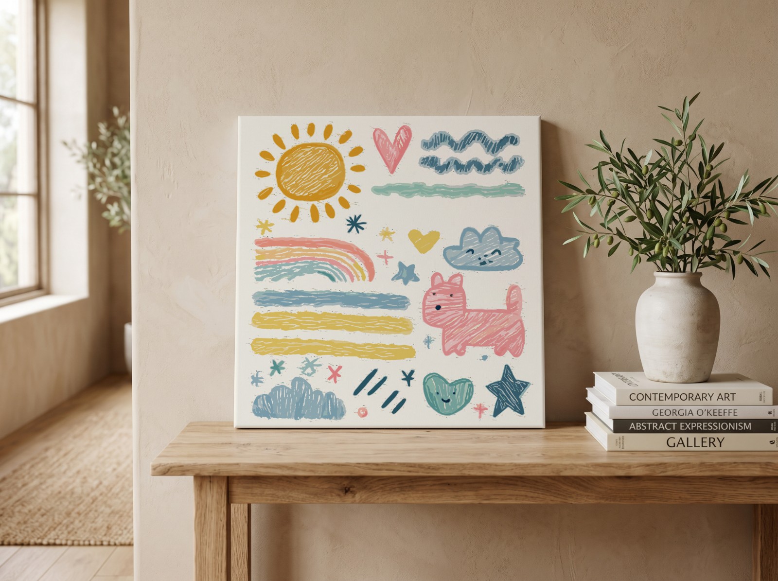 Square Canvas on an Oak Console Table showing the crayon doodles artwork
