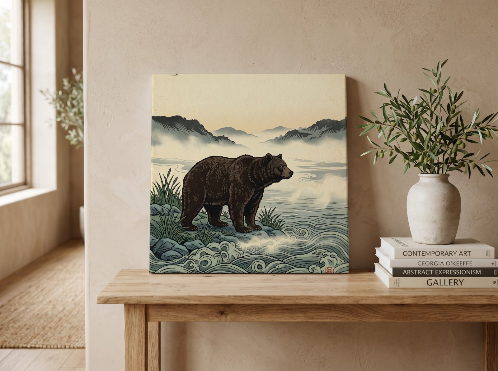 Square Canvas on an Oak Console Table showing the Bear River Mist art print