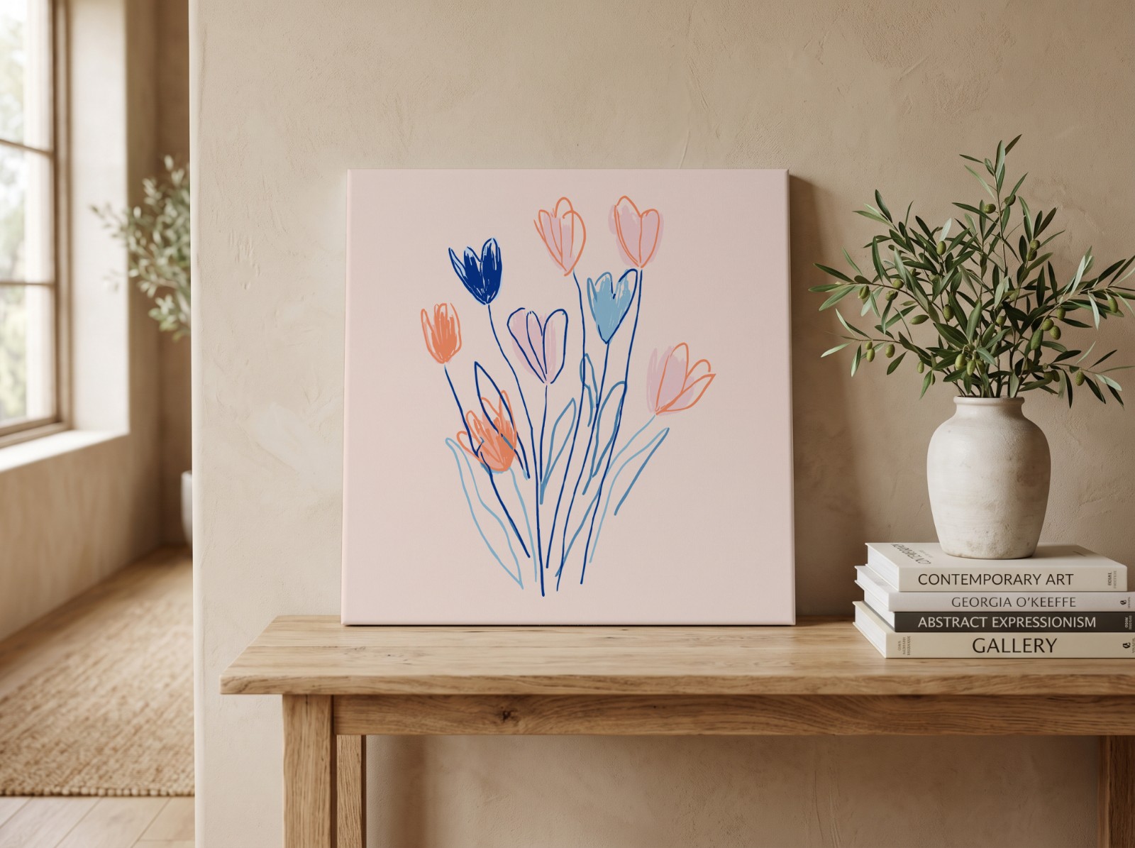 Square Canvas on an Oak Console Table showing the hand-drawn Flowers artwork
