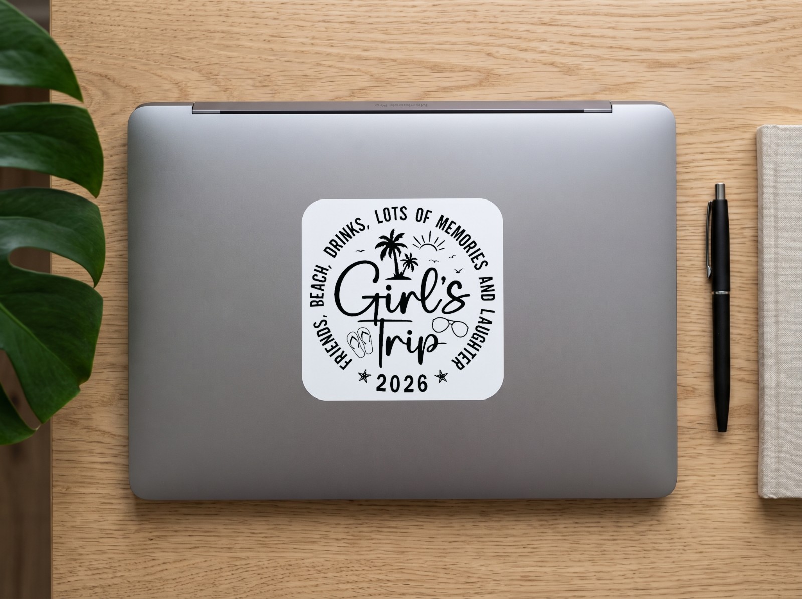 Square Vinyl Sticker on a Laptop Lid showing the Girl's Trip 2026 design